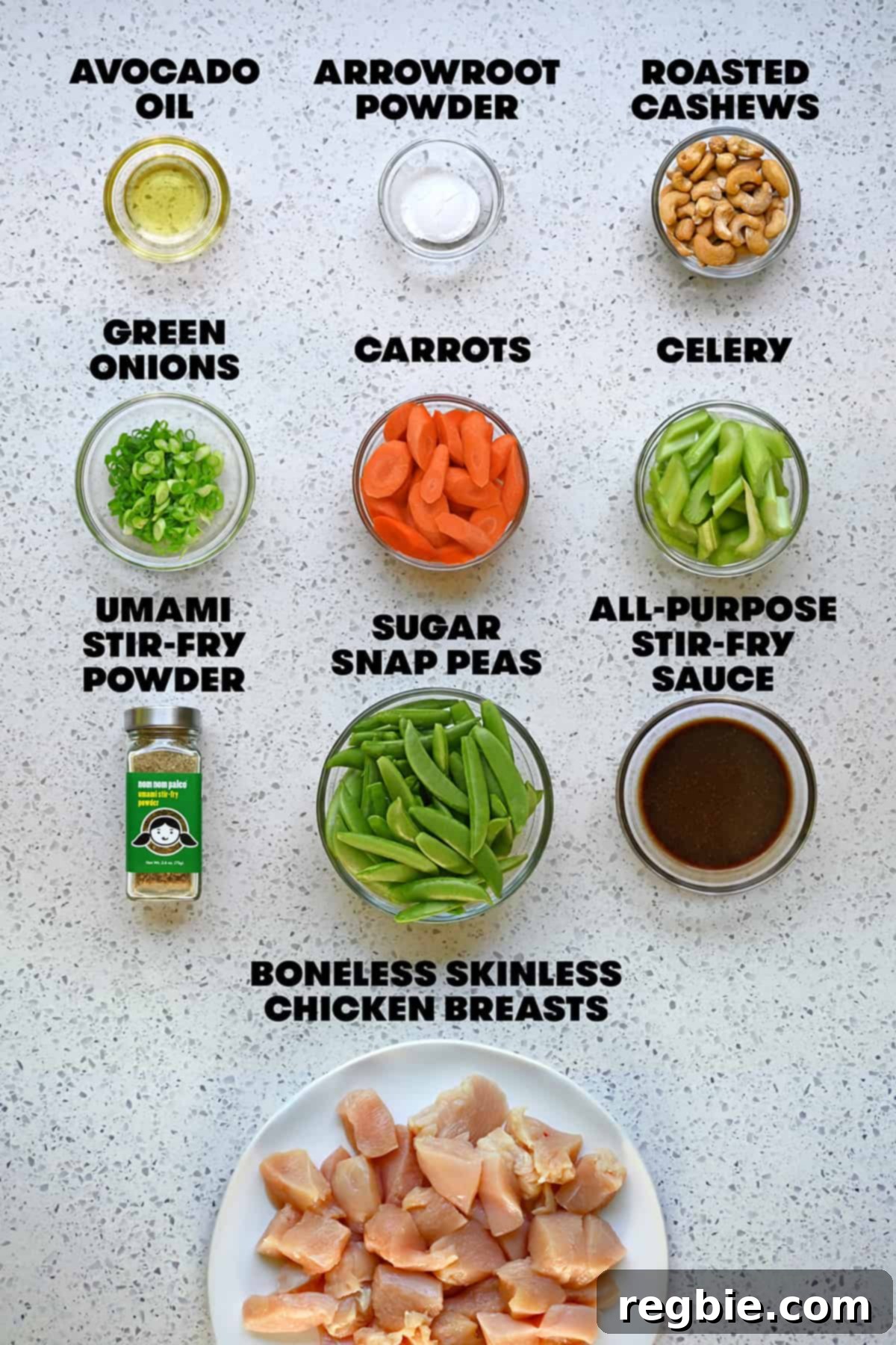 Sheet Pan Cashew Chicken: Paleo & Whole30 Perfection 4 A vibrant flat lay showcasing the raw, fresh ingredients required to prepare a healthy paleo and Whole30 sheet pan cashew chicken meal.