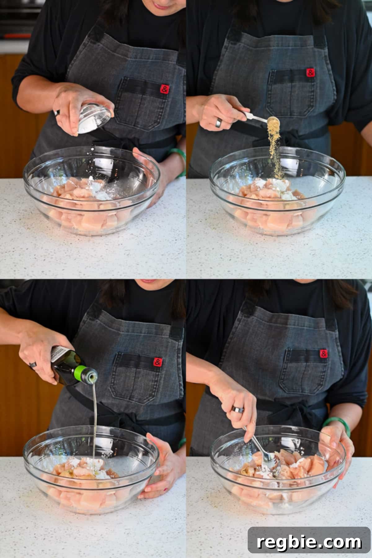Sheet Pan Cashew Chicken: Paleo & Whole30 Perfection 6 A sequence of four images showing raw chicken breast cubes being seasoned with arrowroot powder, Umami Stir Fry Powder, and avocado oil, then mixed with a spoon in a large bowl.