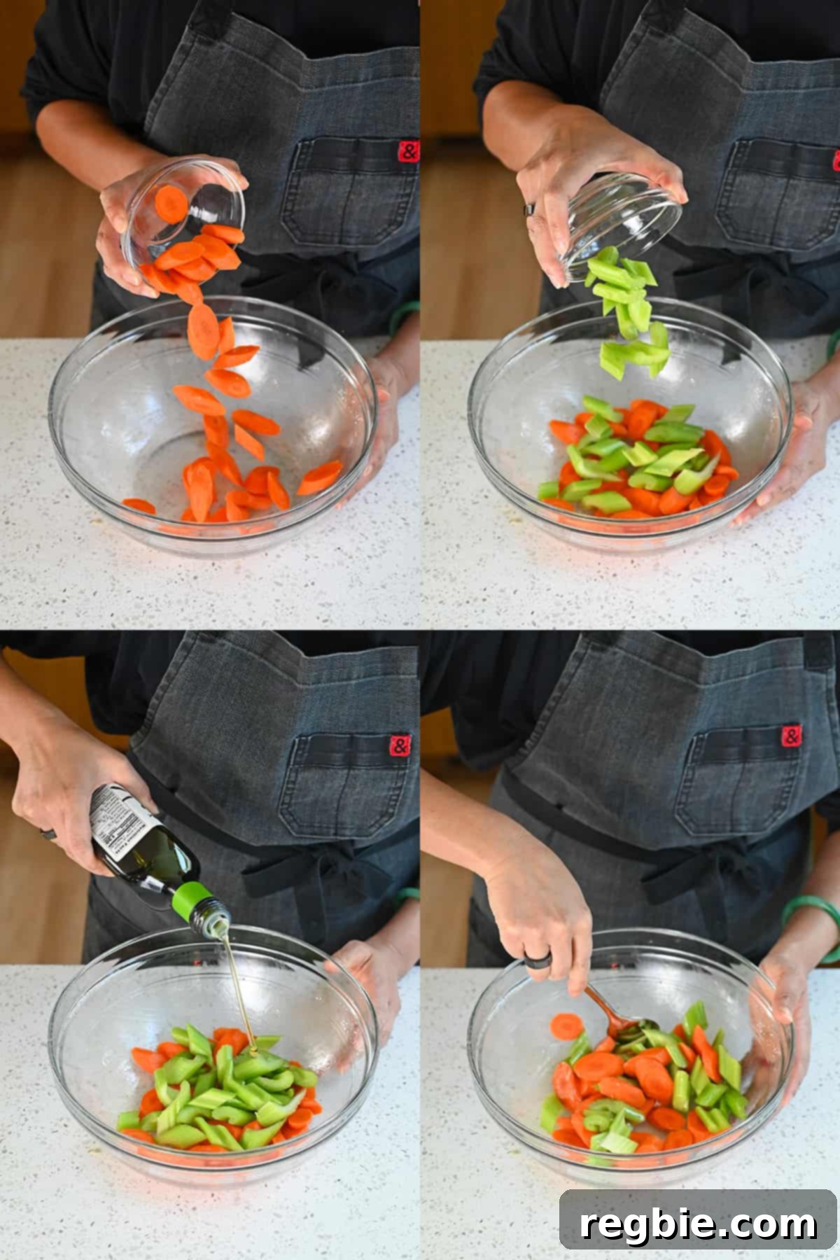 Sheet Pan Cashew Chicken: Paleo & Whole30 Perfection 8 Four images demonstrating the process of adding sliced carrots and celery to a bowl and tossing them with avocado oil until evenly coated.
