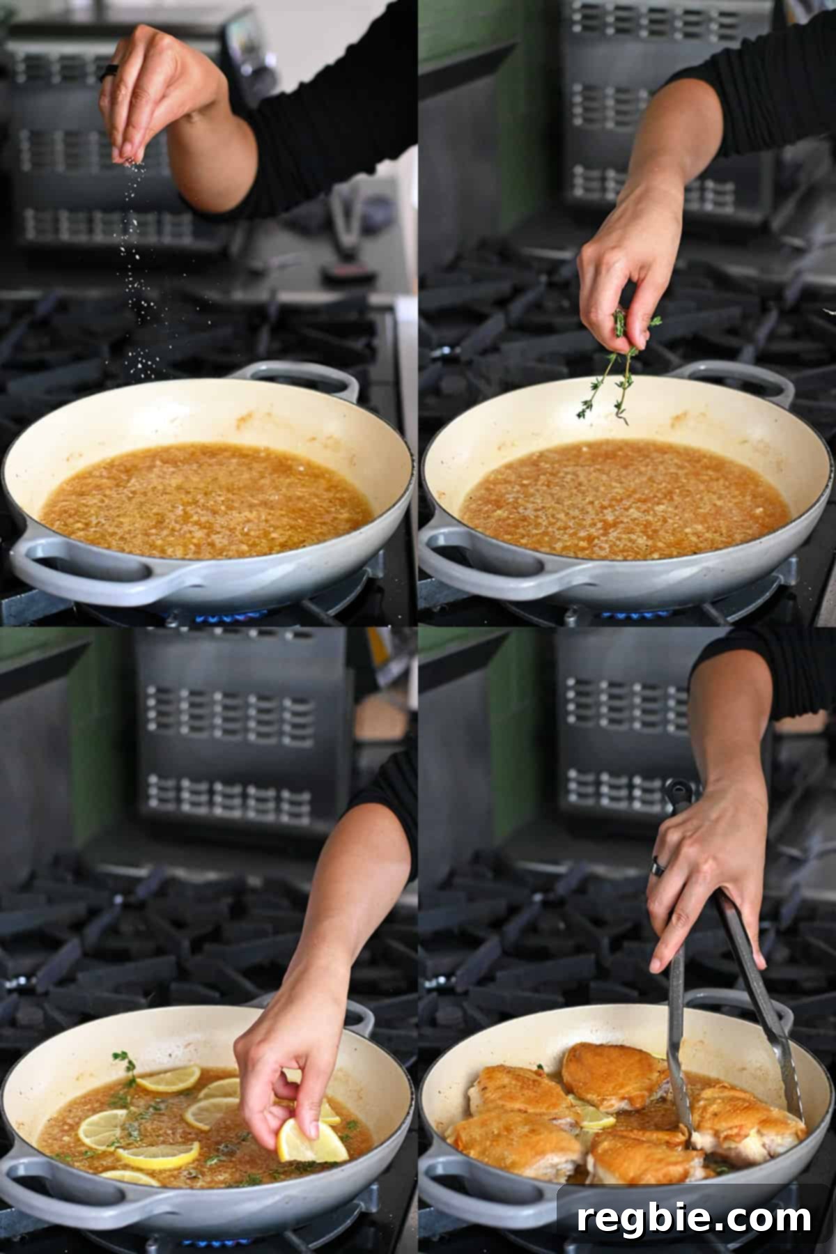 Four sequential steps that show someone adding salt, thyme sprigs, lemon slices, and browned chicken thighs into a skillet with garlic lemon sauce.