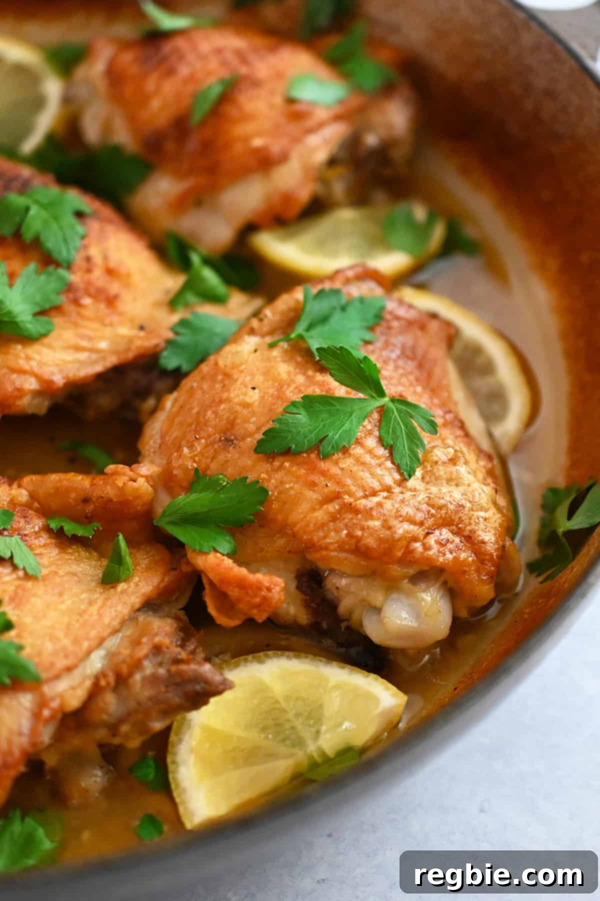 A closeup view of lemon garlic chicken thighs in a skillet with golden brown skin.