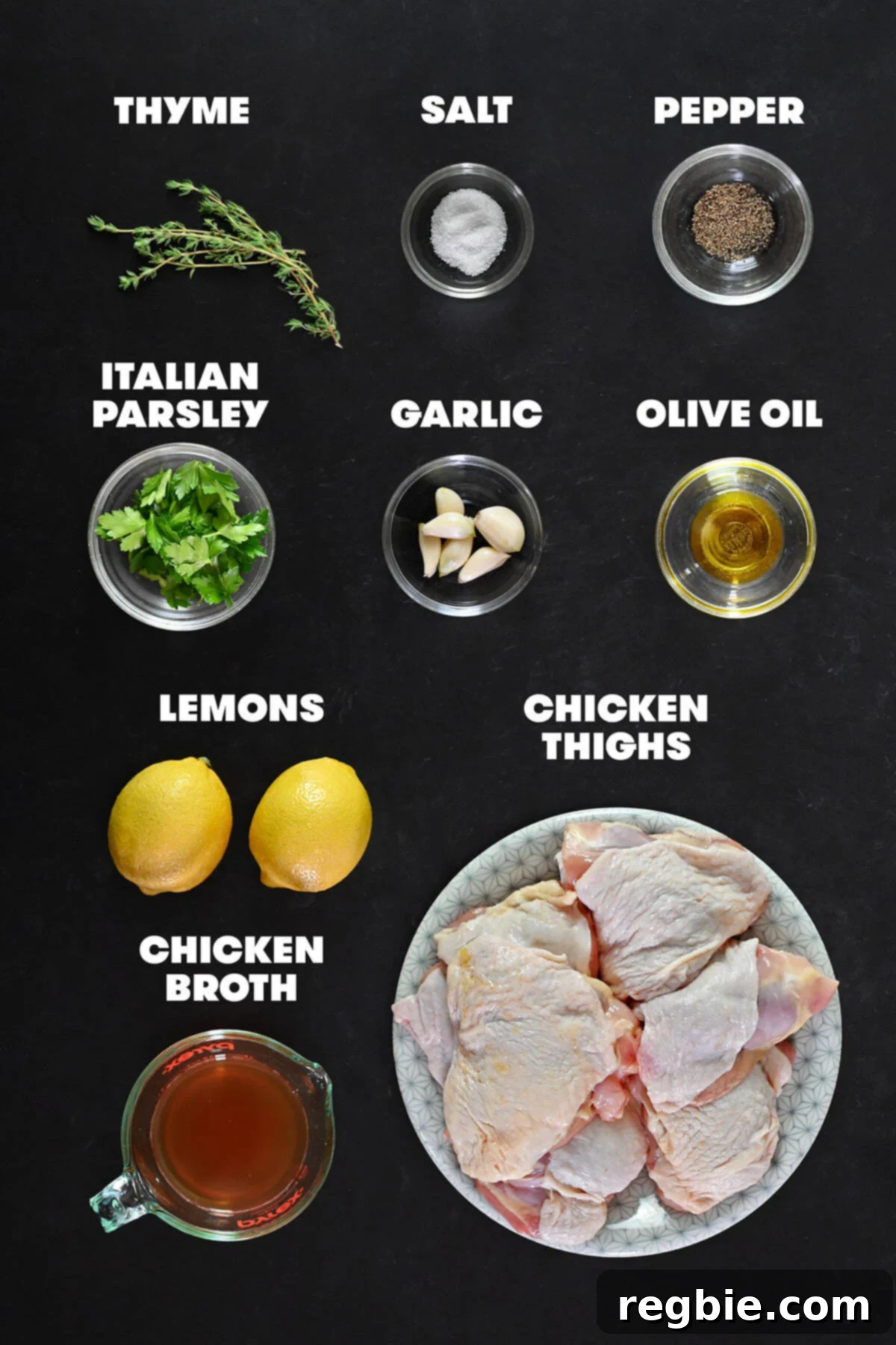 An overhead shot of the raw ingredients to make lemon garlic chicken.