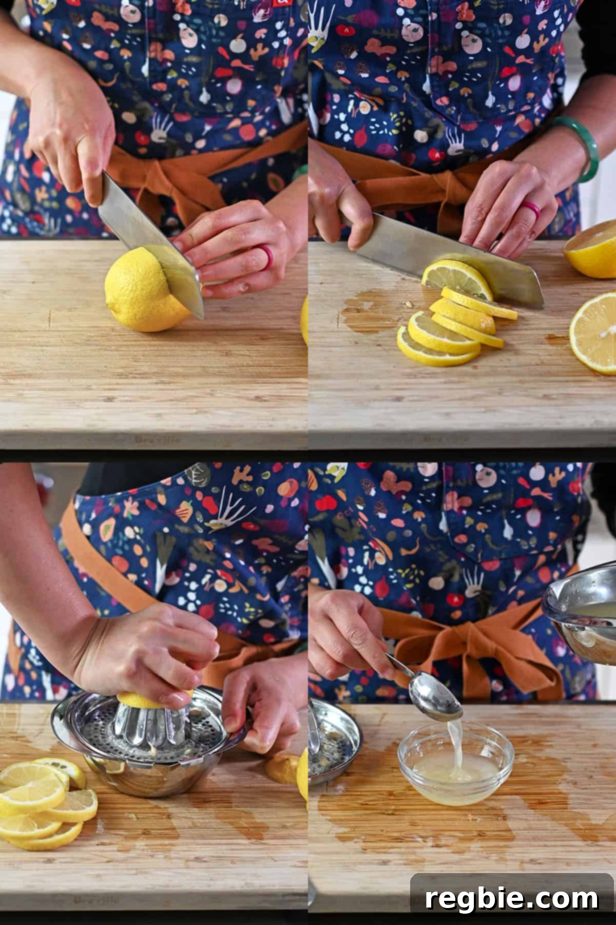Four sequential shots that show someone slicing two lemons in half and cutting one half of a lemon into thin semicircles and juicing the rest of the halves.