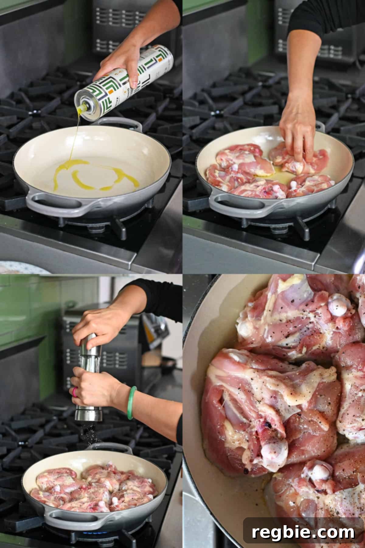 Four sequential shots that show someone adding olive oil to a enameled cast iron skillet, then adding raw chicken thighs skin side down in the pan, adding fresh pepper to the meat side, and a close up shot of the chicken.