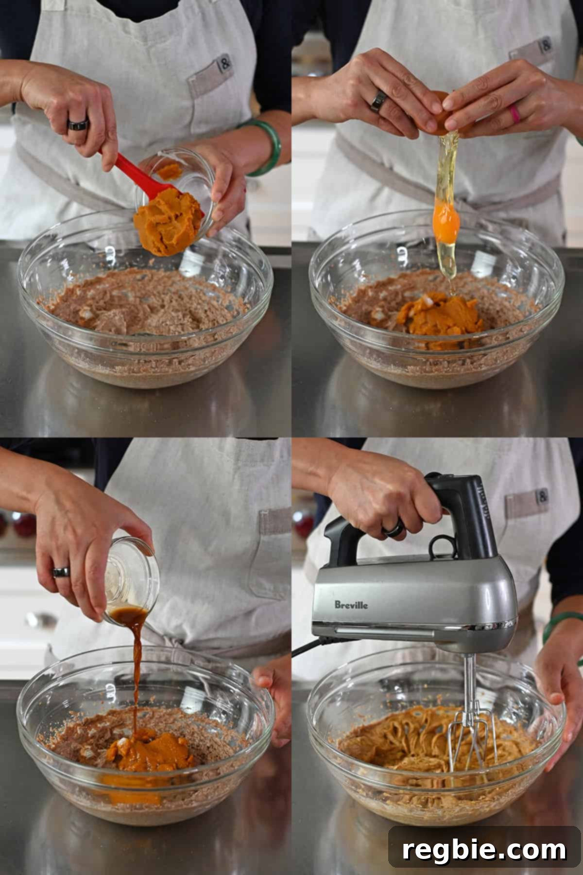 Paleo Pumpkin Bliss Cookies 11 Four sequential photos that show someone adding pumpkin puree, raw egg, and vanilla to a bowl of creamed coconut sugar and coconut oil and blending it all together with a hand mixer.