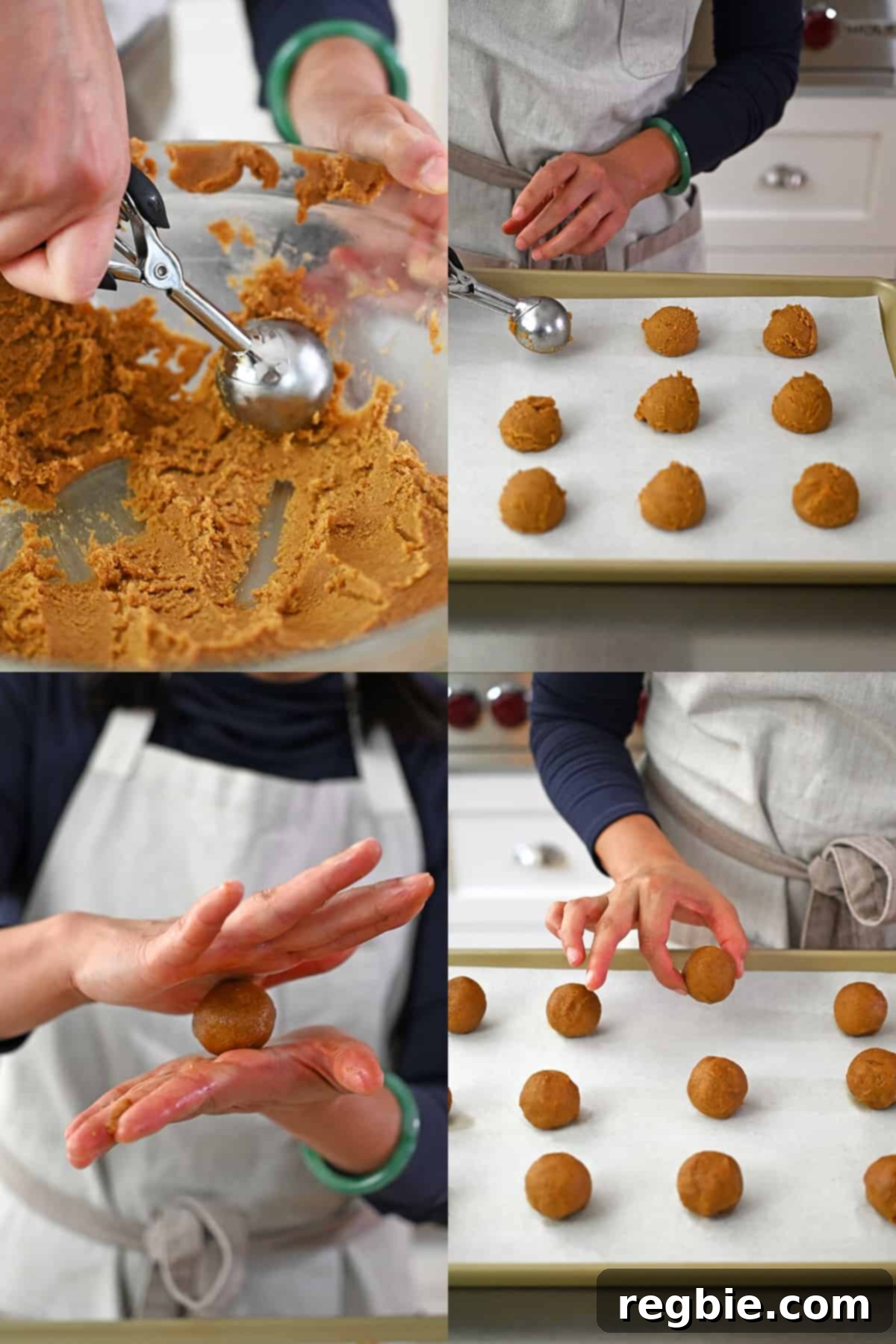 Paleo Pumpkin Bliss Cookies 16 Four sequential photos that show someone scooping pumpkin cookie dough with an ice cream scoop, rolling the dough balls into balls, and placing them on the parchment lined rimmed baking sheets.