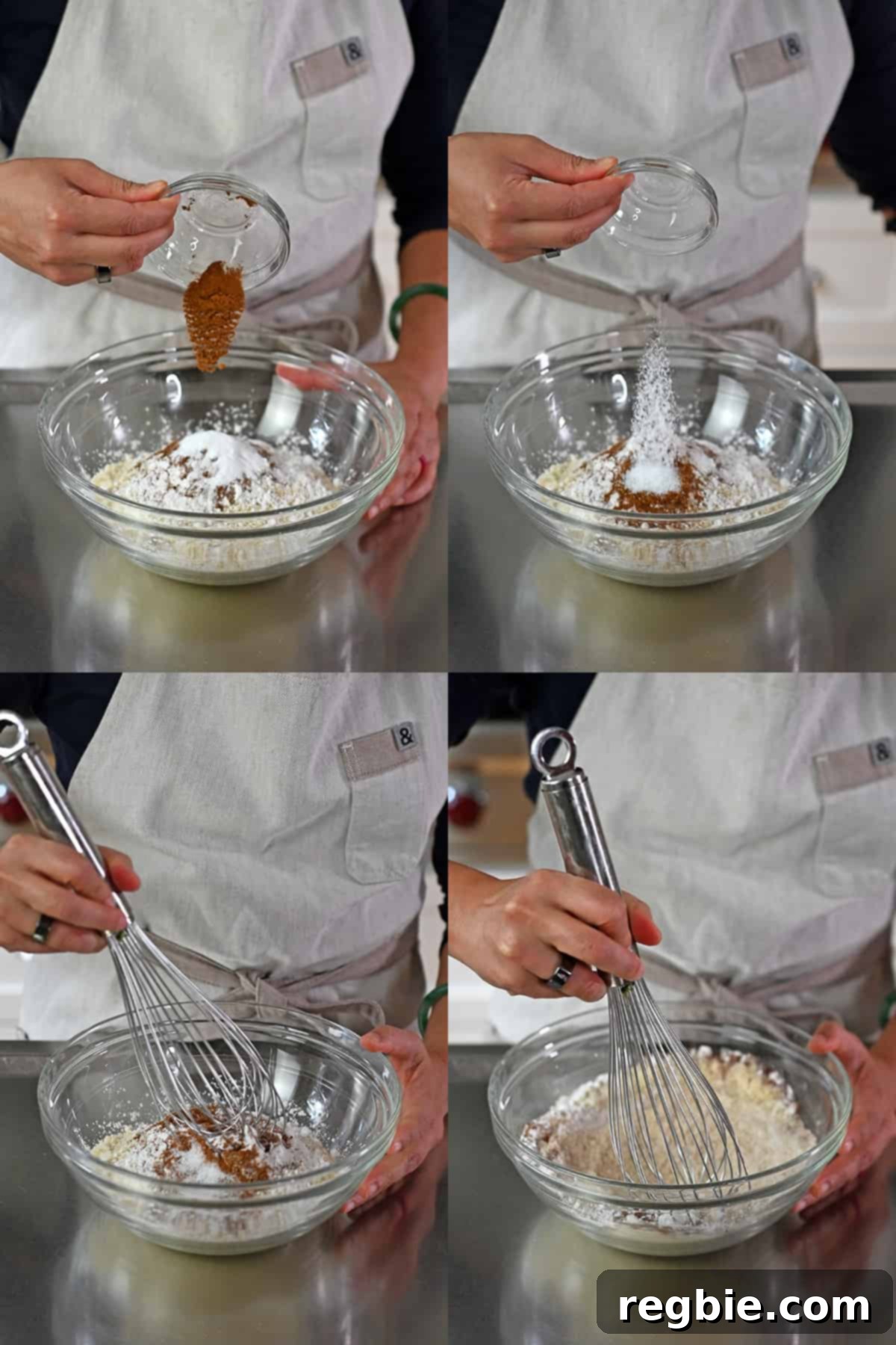Paleo Pumpkin Bliss Cookies 7 Four sequential photos that show someone adding ground cinnamon and salt to a bowl of the dry ingredients to make pumpkin cookies and mixing everything with a metal balloon whisk.