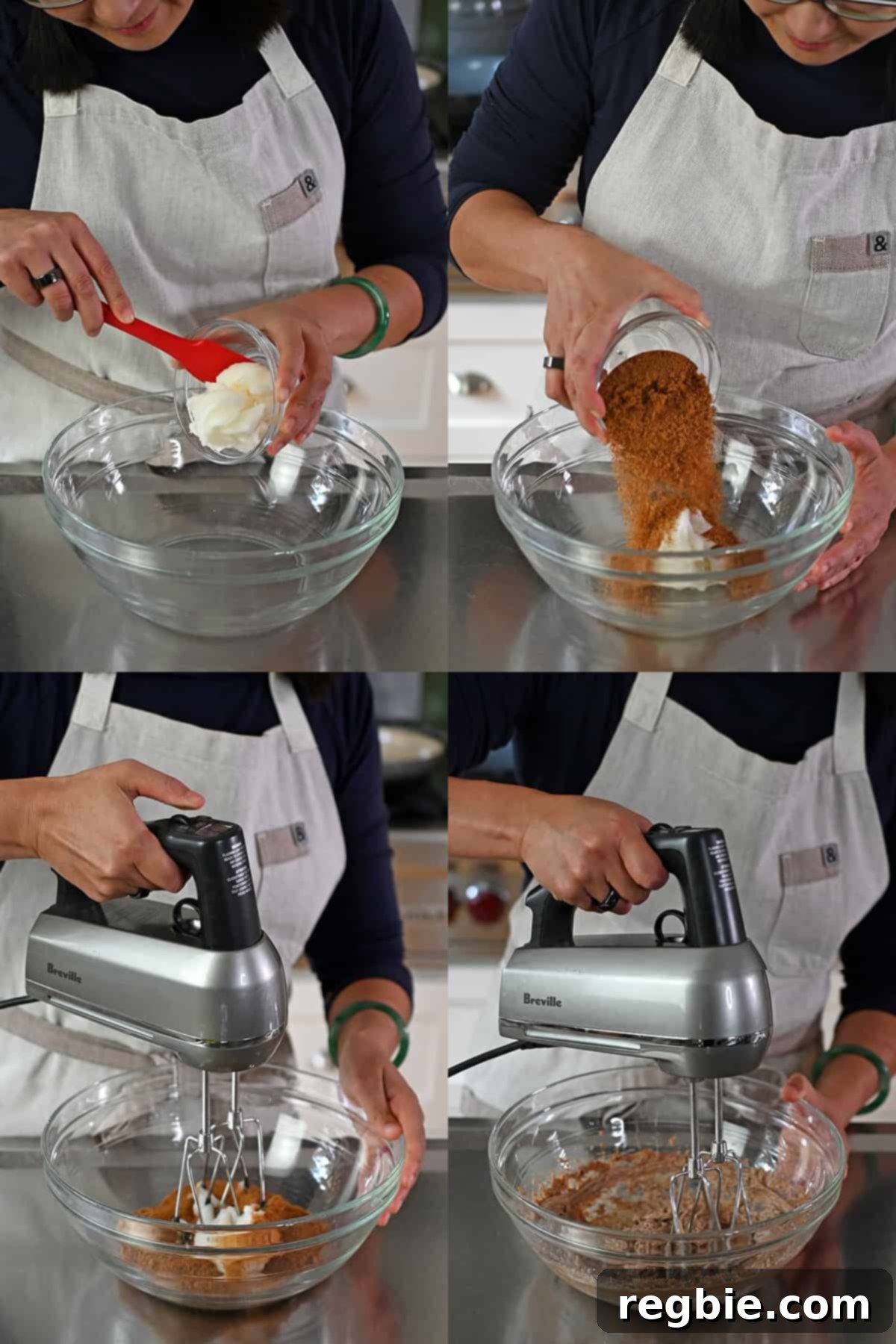 Paleo Pumpkin Bliss Cookies 9 Four sequential photos that show someone combing softened coconut oil and coconut sugar in a glass bowl and creaming it together with a hand mixer.