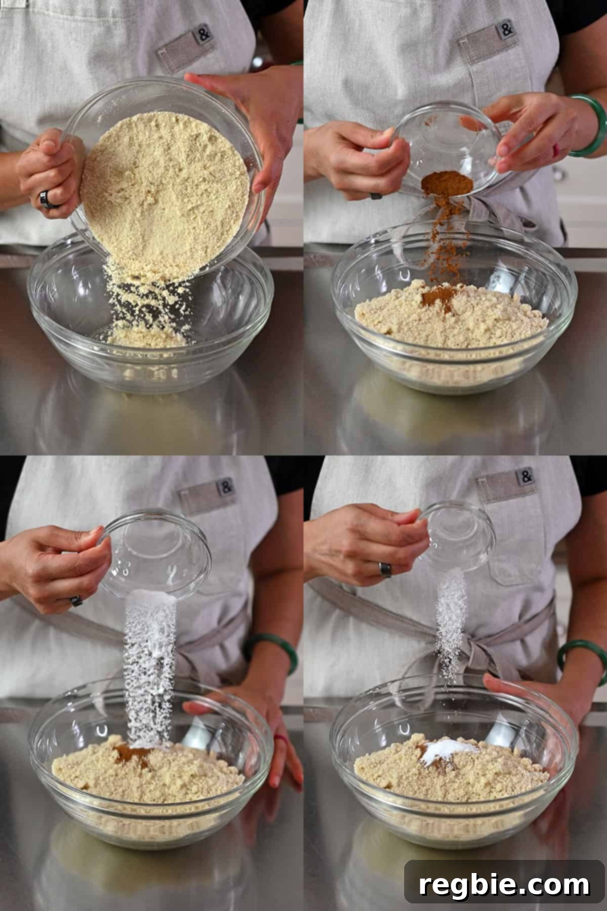 Four sequential shots showing dry ingredients (almond flour, cinnamon, baking soda, cream of tartar) being added to a clear glass mixing bowl.