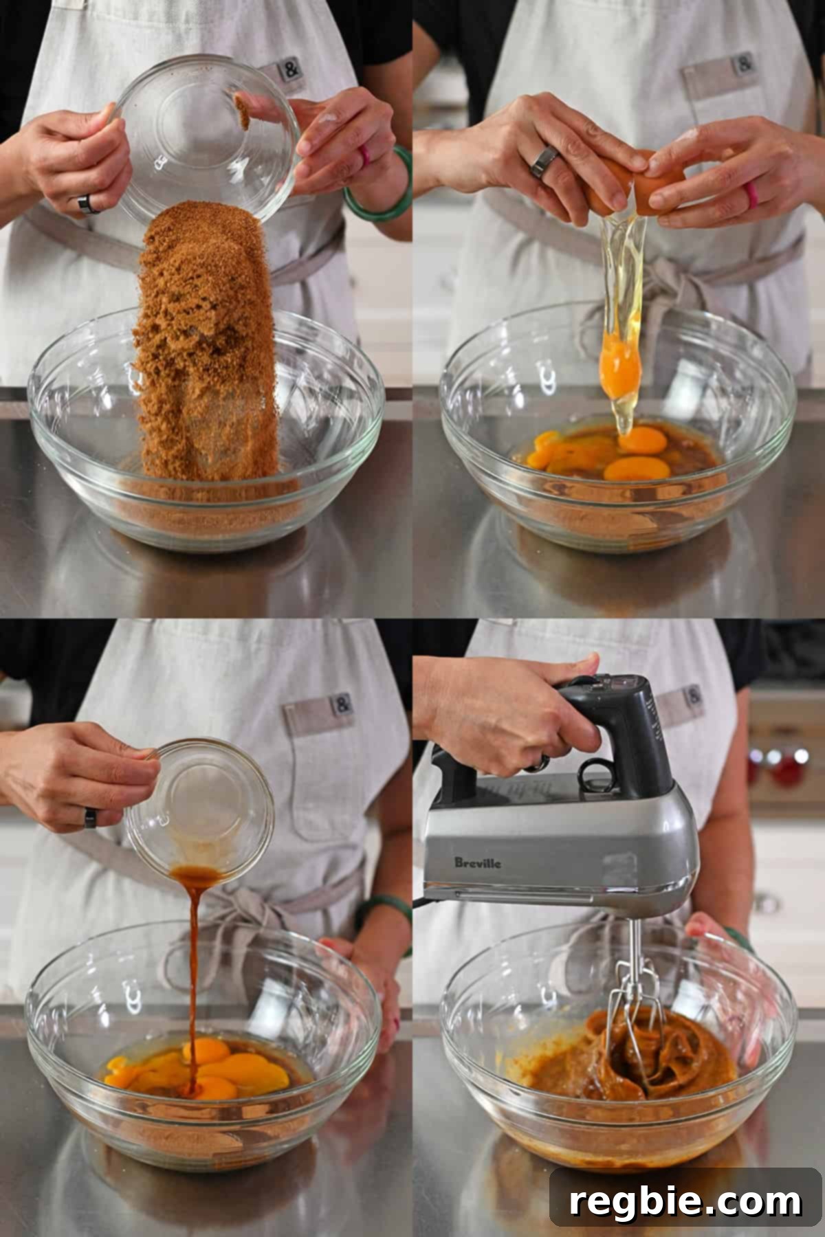 A person in a beige apron combines coconut sugar, four raw eggs, and vanilla extract in a large glass mixing bowl and mixes everything with an electric hand mixer.
