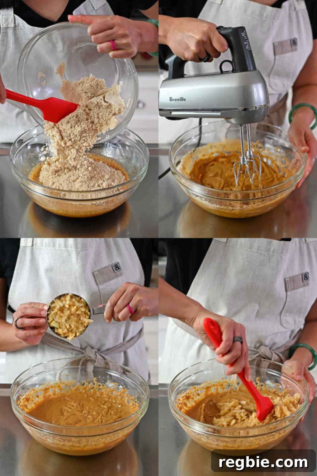 Four sequential shots showing the combining of wet and dry ingredients with an electric hand mixer, then folding in shredded apple with a red spatula.