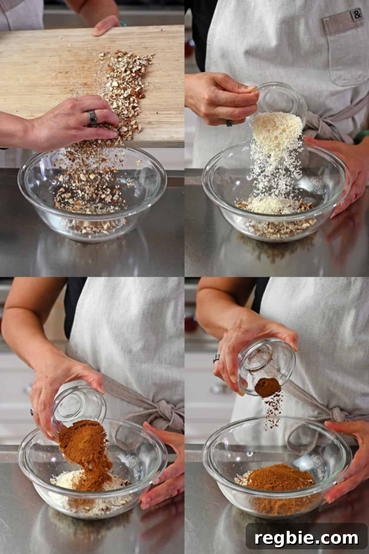 Combining chopped nuts, shredded coconut, coconut sugar, and ground cinnamon in a bowl for the paleo topping.
