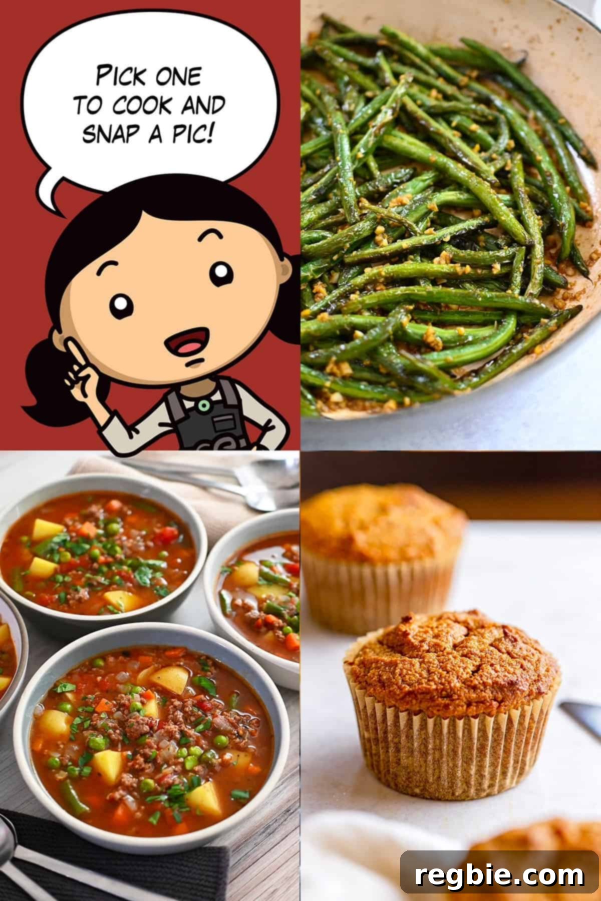 A cartoon Michelle Tam has a word bubble that says, "Pick one to cook and snap a pic!" There is a picture of Chinese garlic green beans, pumpkin muffin, and hamburger soup.