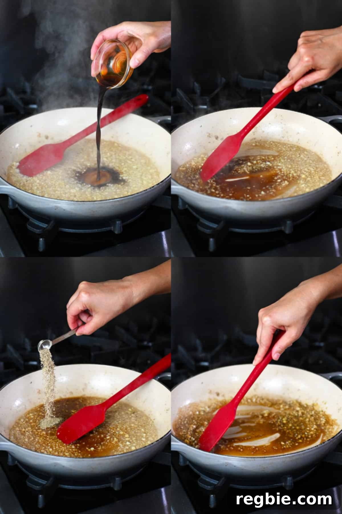 Four sequential shots illustrating the addition of coconut aminos and a spice blend to a pan containing minced garlic and chicken broth to form the savory sauce.