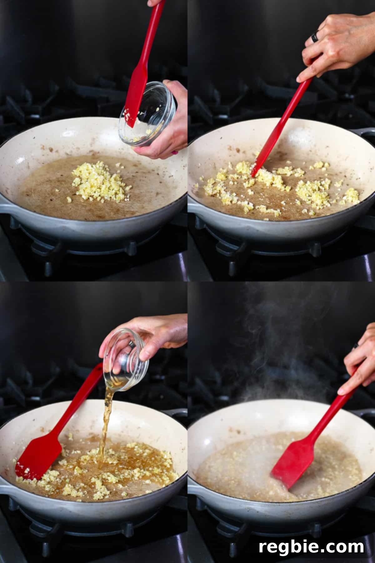 A sequence of four shots showing minced garlic being added to a pan, followed by chicken broth, and then stirred with a red spatula to deglaze and create the sauce base.