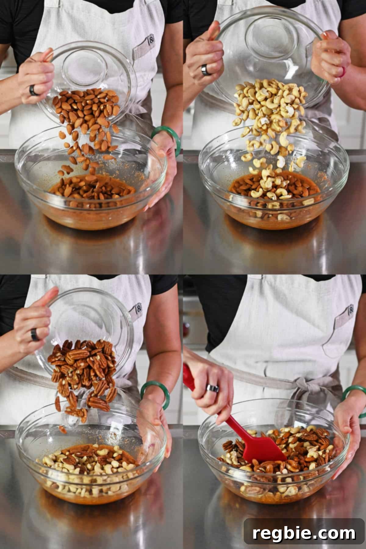 A visual step-by-step: adding raw whole almonds, cashews, and pecans into a large bowl containing the whipped egg whites and spice blend, followed by thorough tossing.