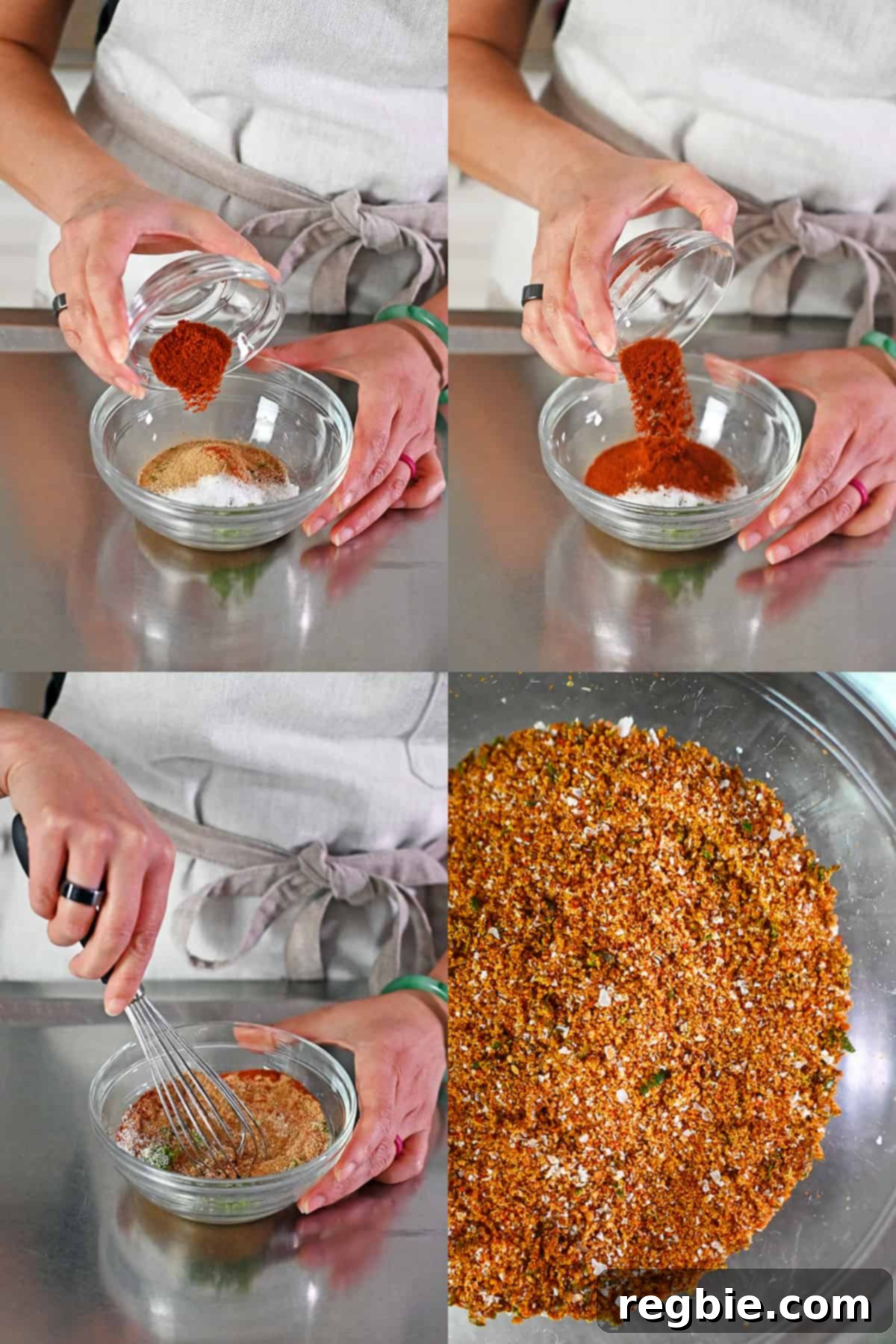 Demonstration of making the spice blend for paleo spiced nuts: adding smoked paprika and cayenne pepper to a small bowl with other dry ingredients and whisking them together.