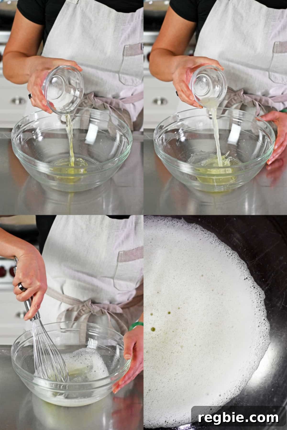 Illustrative shot of adding raw egg whites and fresh lime juice to a mixing bowl, then whisking the mixture vigorously until it becomes frothy.