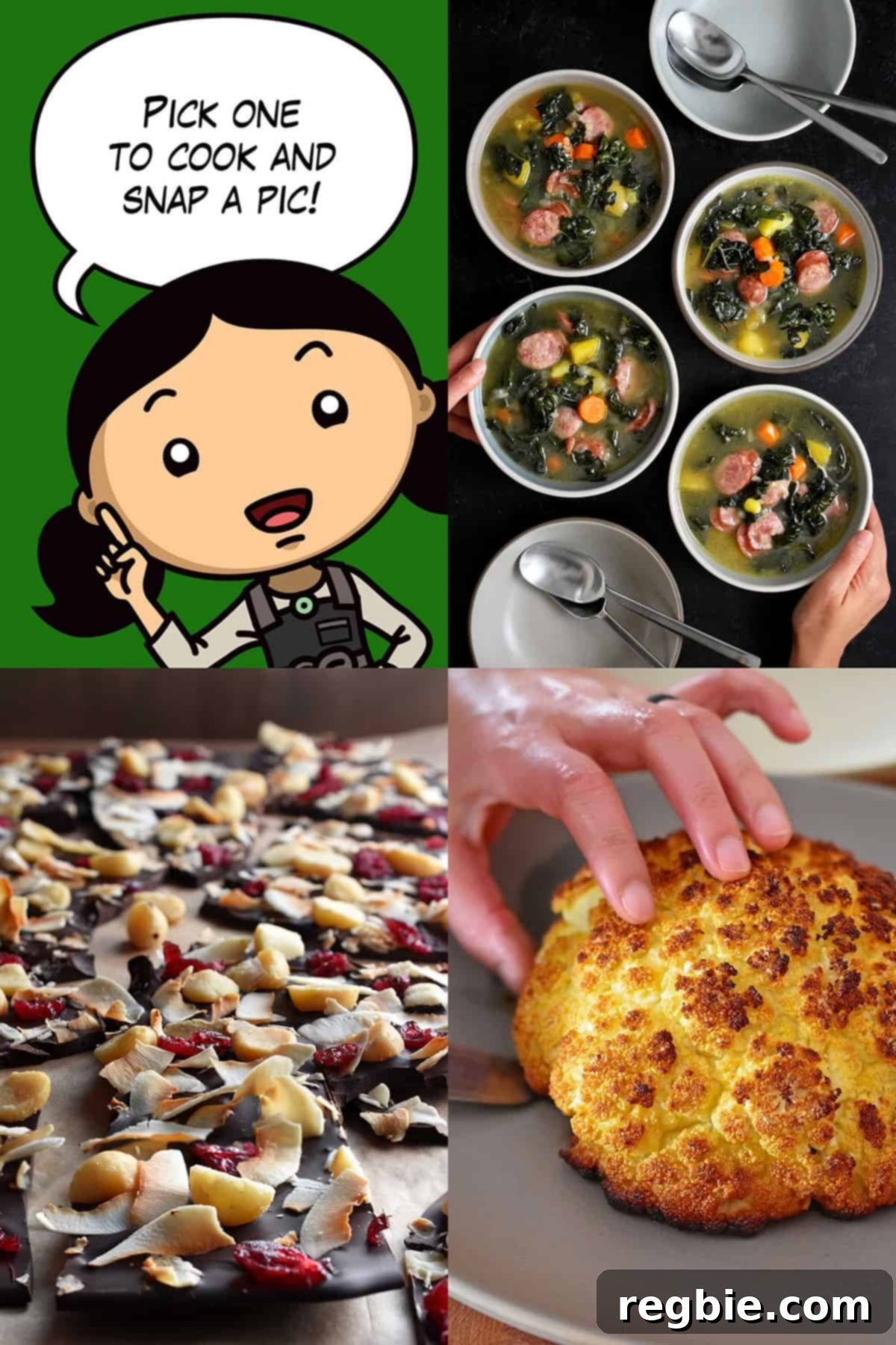 December's Epicurean Expedition 3 A cartoon Michelle Tam says "pick one to cook and snap a pic" next to photos of chocolate bark, sausage and kale soup., and whole roasted cauliflower.
