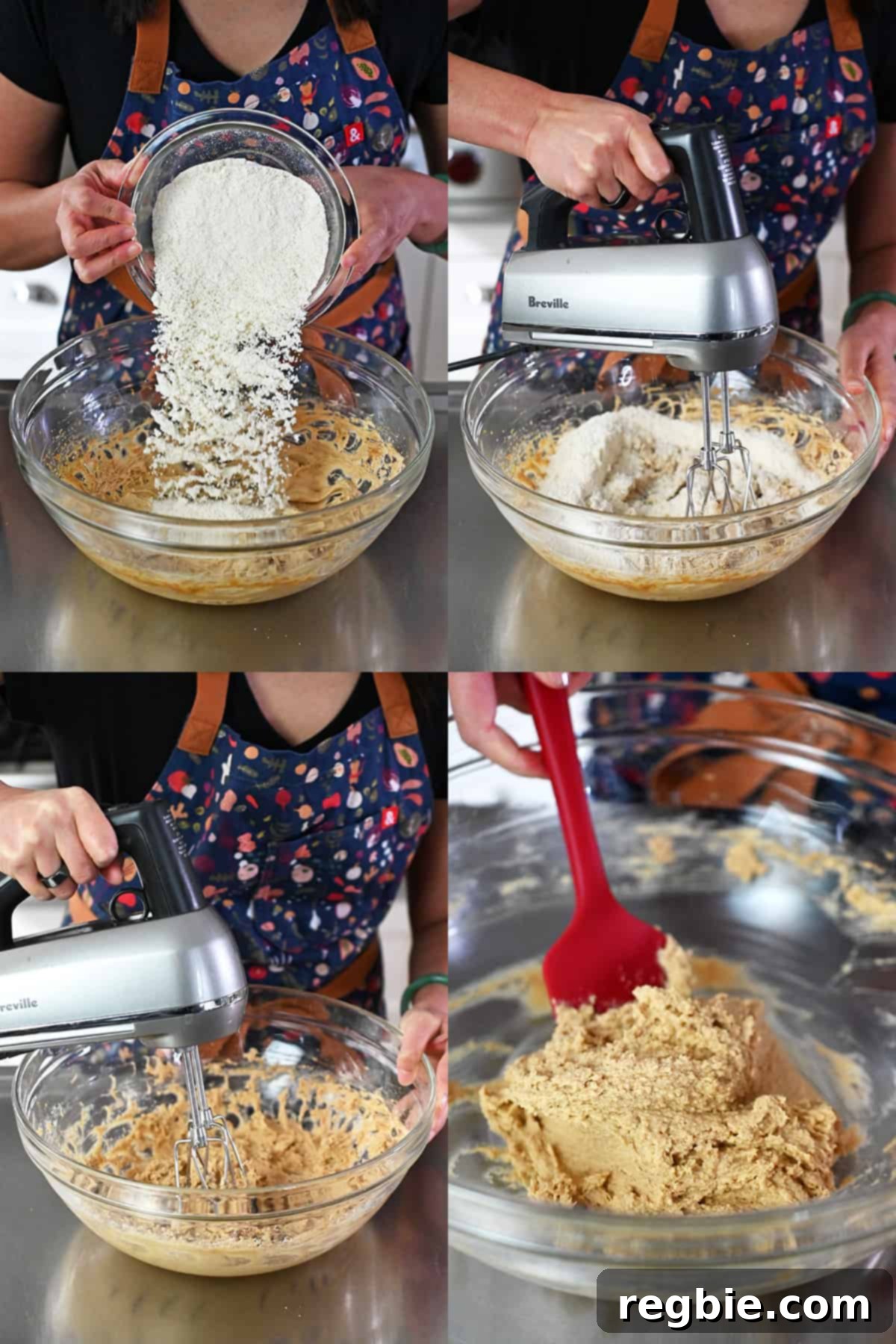 The dry ingredients for snickerdoodle cookies are added to the wet ingredients and gently blended on low speed with a hand mixer until just combined.