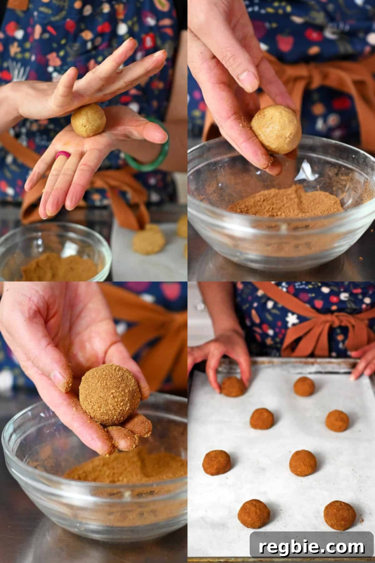 Rolling the snickerdoodle dough into balls, coating them thoroughly in cinnamon sugar, and then arranging them in a staggered pattern on a parchment-lined baking sheet.
