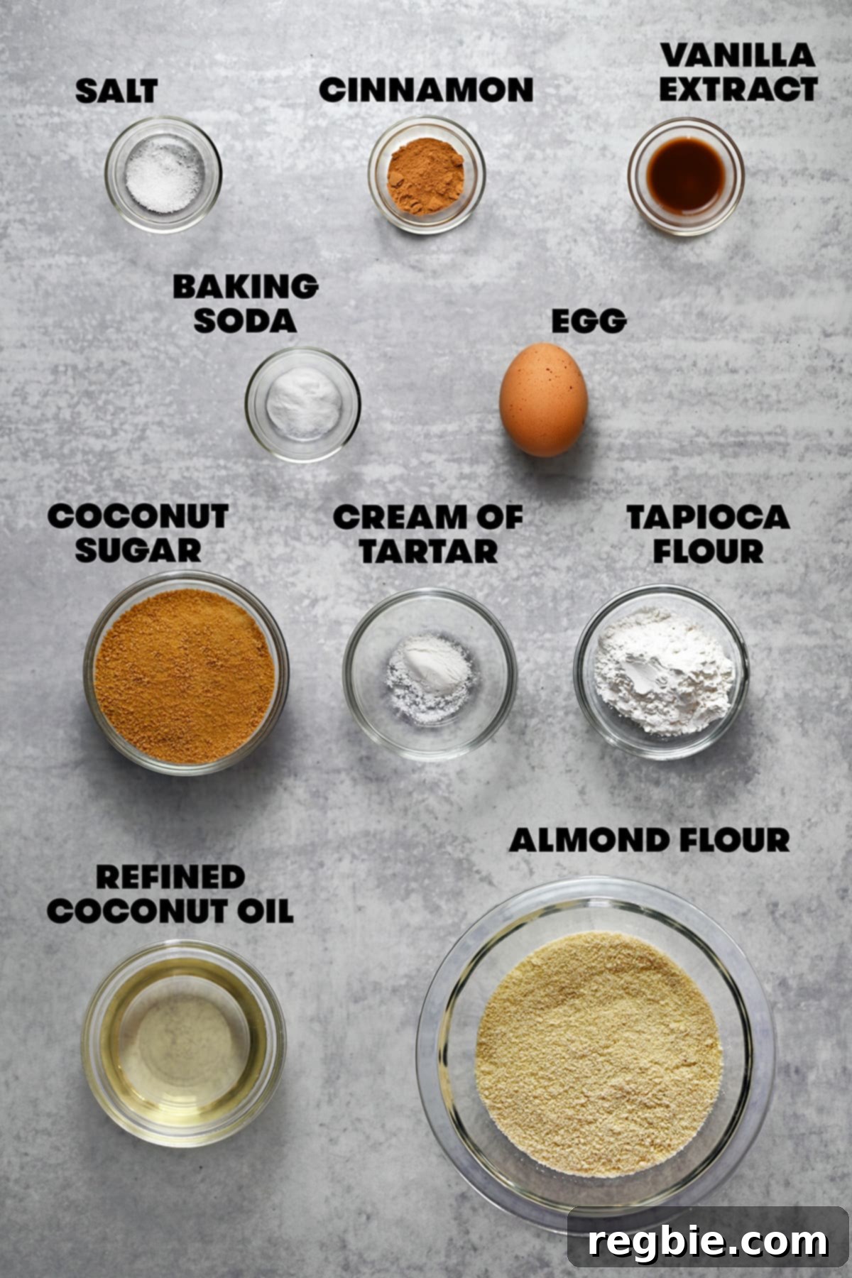 An overhead shot showcasing all the raw ingredients neatly arranged for making paleo and gluten-free snickerdoodle cookies, including flours, spices, and wet ingredients.