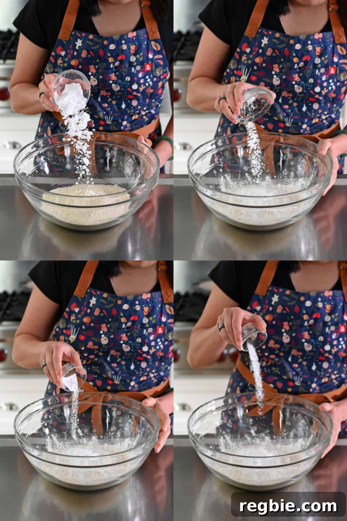 Combining almond flour, tapioca starch, cream of tartar, and baking soda into a large glass mixing bowl.