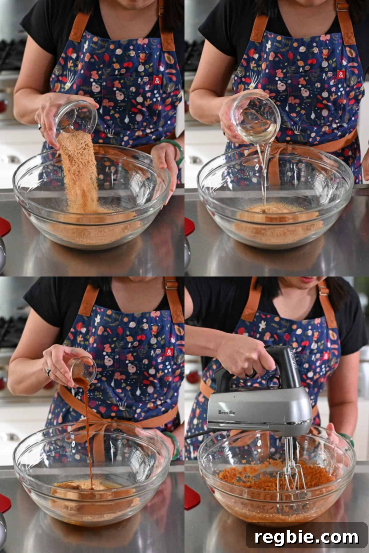 Combining coconut sugar, melted refined coconut oil, and vanilla extract in a large glass mixing bowl, then blending everything together with a hand mixer.