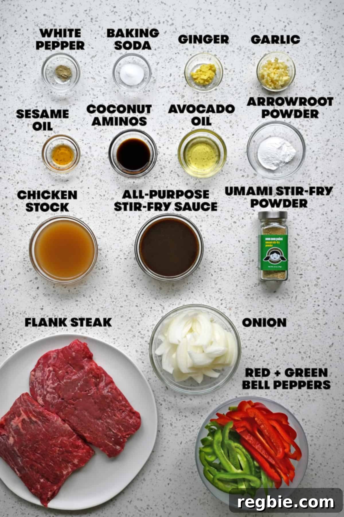 An overhead shot of the raw ingredients to make paleo and gluten free pepper steak.