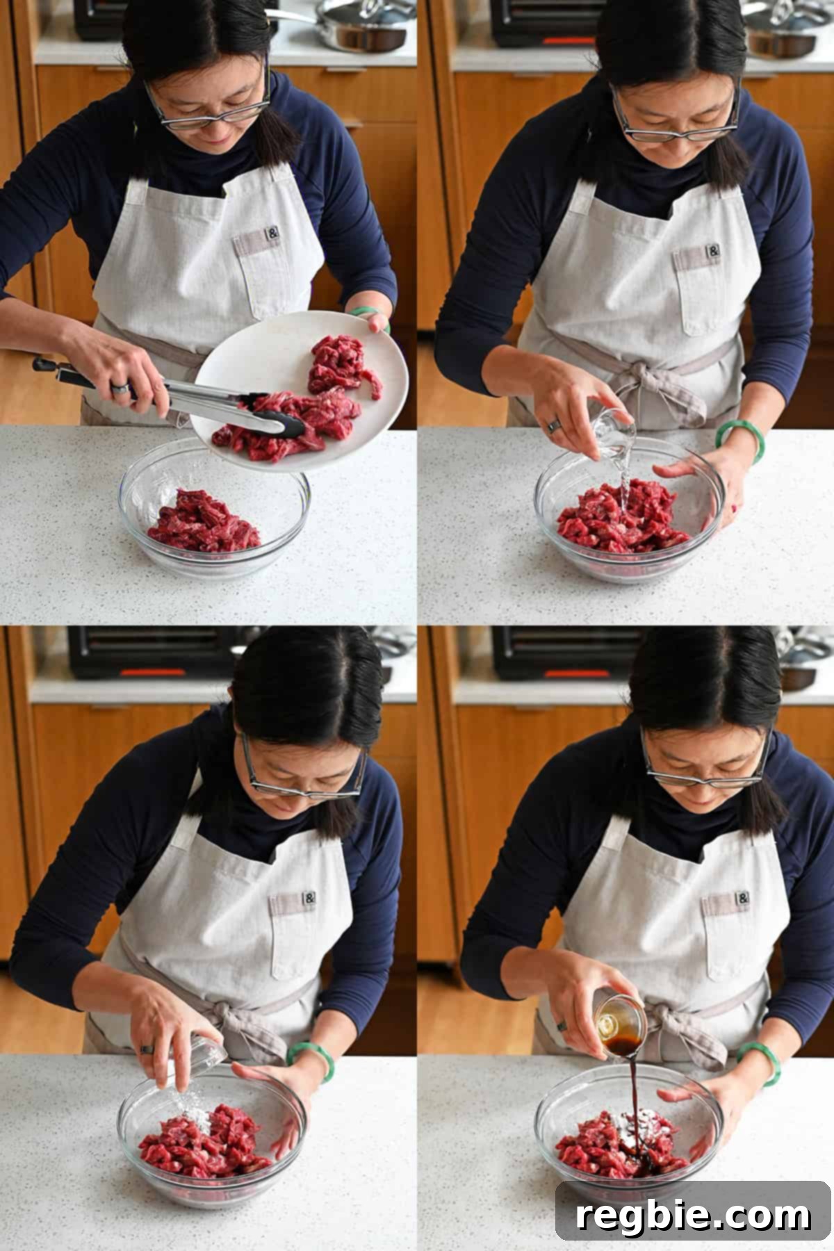 Adding raw sliced flank steak into a bowl, along with water, arrowroot powder, and coconut aminos.