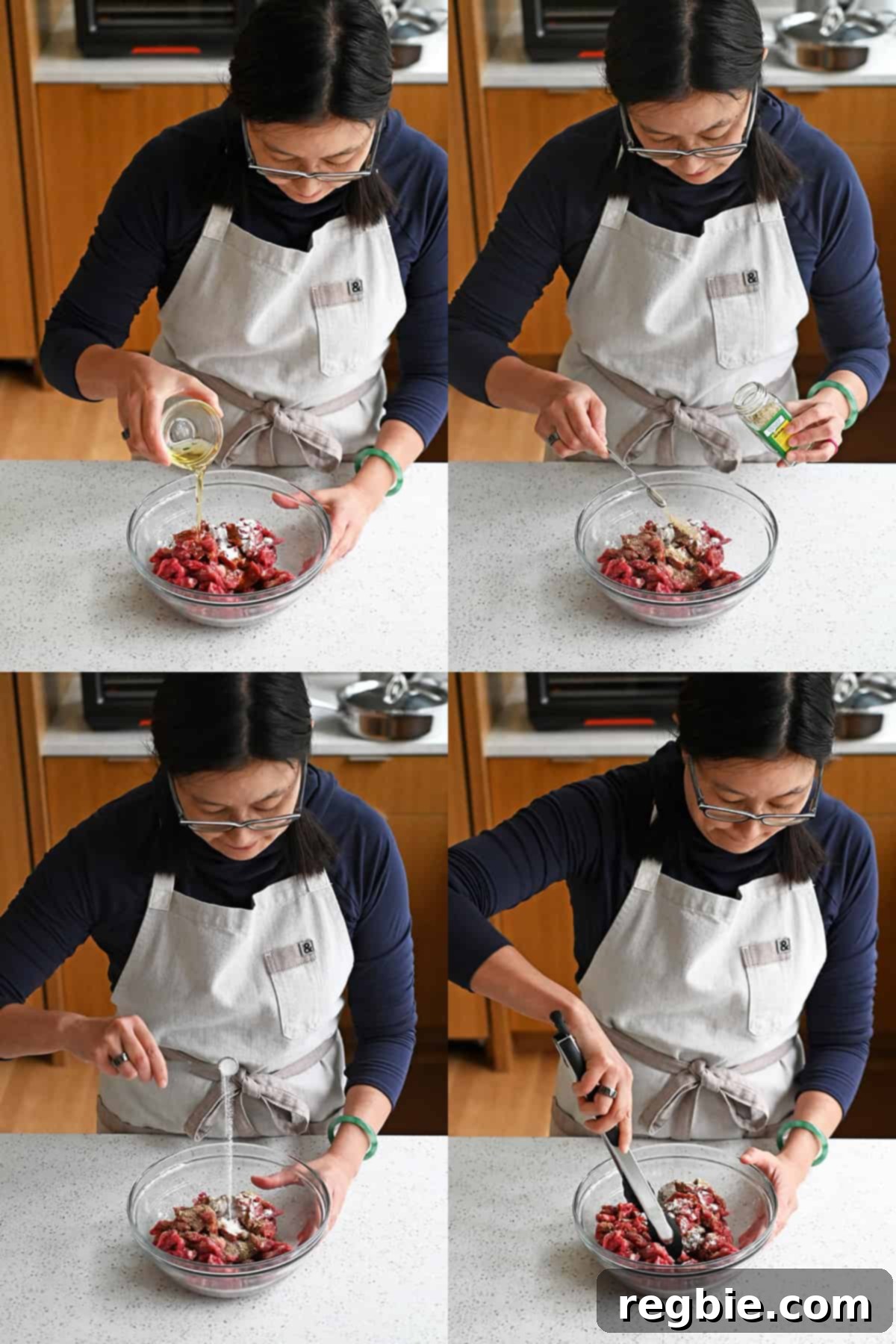 An Asian woman is adding avocado oil, Umami Stir-Fry Powder, and baking soda to a bowl of raw flanks steak. She then tosses everything with a pair of tongs.