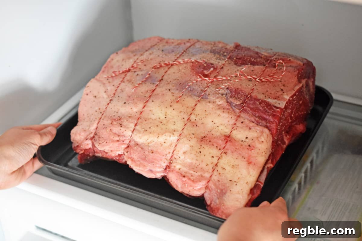 A seasoned and raw prime rib roast, uncovered, being placed into the refrigerator for dry-brining.