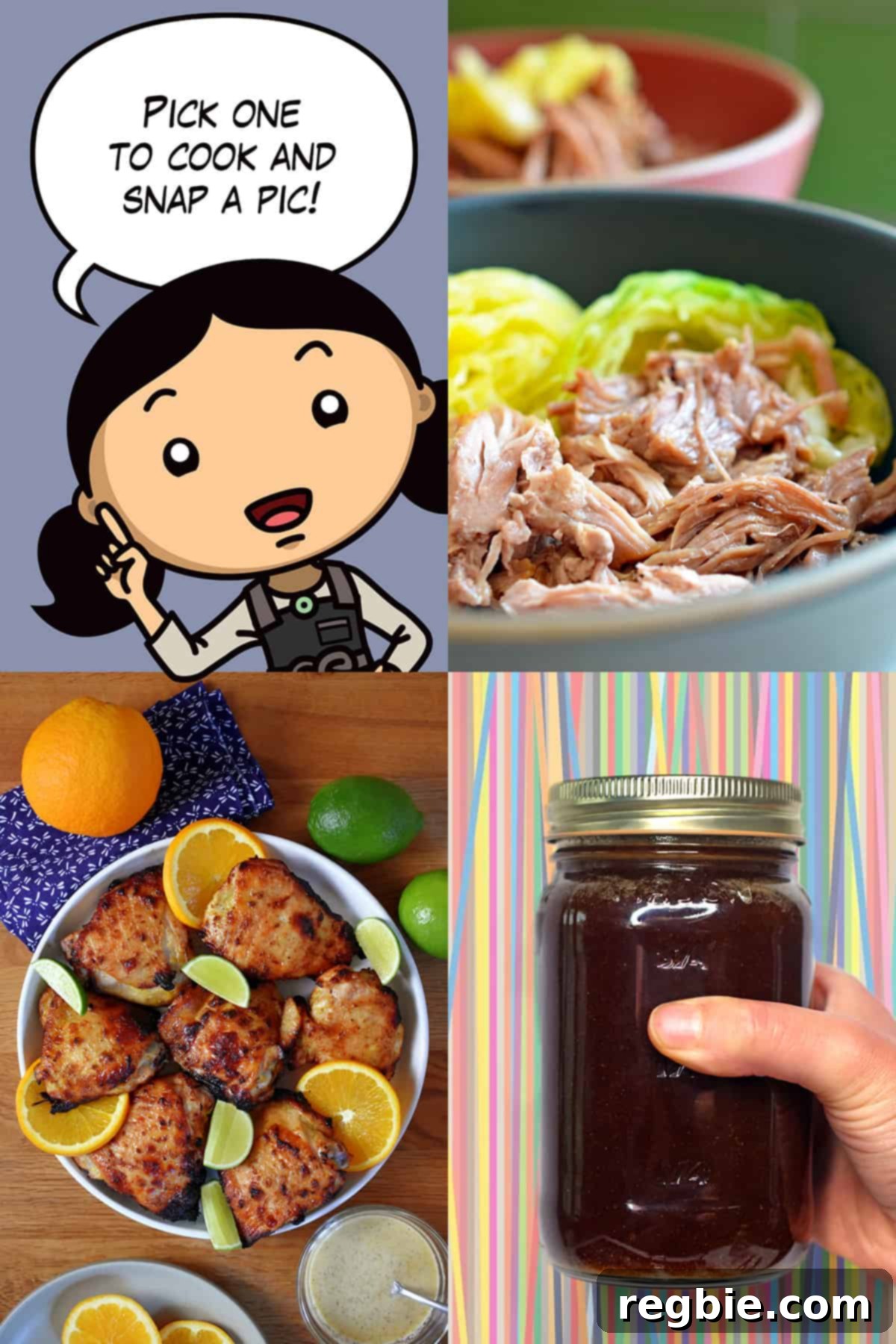 January Culinary Quest 2024 3 A charming cartoon illustration of Michelle Tam guides participants to choose one of the January cooking challenge recipes – Instant Pot Kalua Pig, Mojo Chicken, or All-Purpose Stir-Fry Sauce – emphasizing the fun of preparing their chosen dish and capturing a fantastic photo.