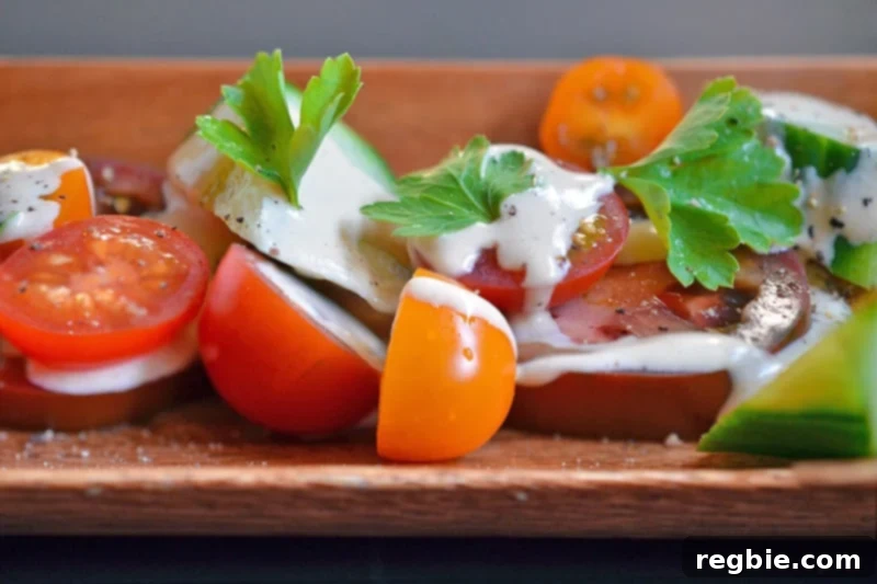 A closeup shot of a sliced tomato salad topped with creamy, Whole30 Tonnato Sauce and vibrant Italian parsley, ready to be enjoyed.