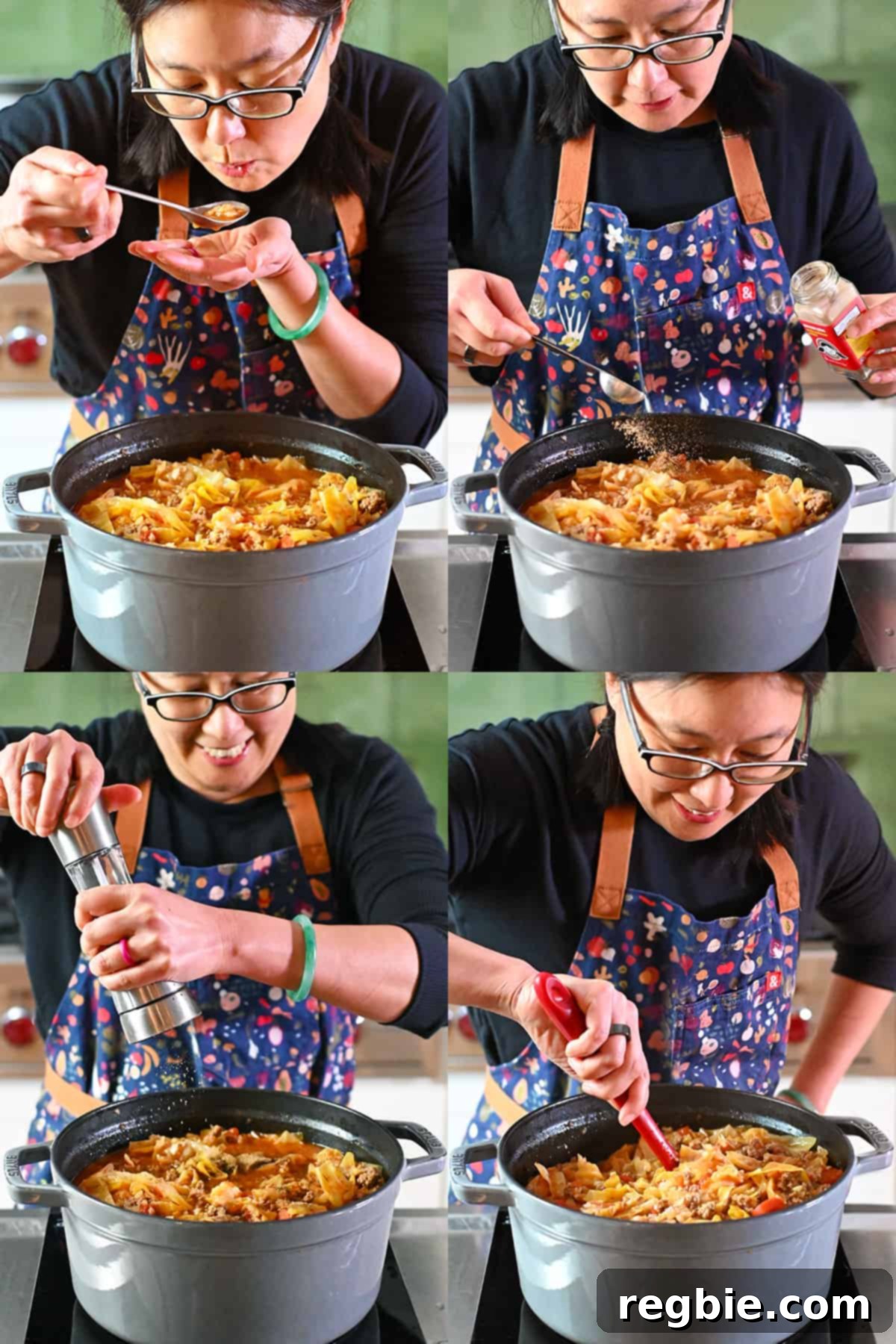 Four shots that show an Asian woman tasting and seasoning a pot of cabbage roll soup with more Magic Mushroom Powder and freshly ground black pepper.