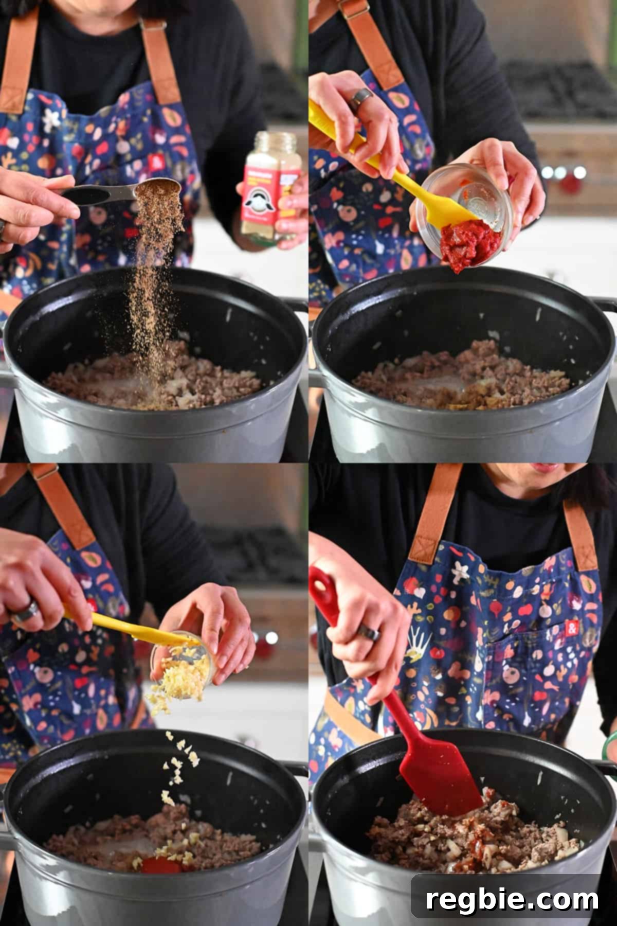 Four sequential photos that show someone adding Nom Nom Paleo Magic Mushroom Powder, tomato paste, and minced garlic to a gray stockpot filled with cooked ground meat and onions.