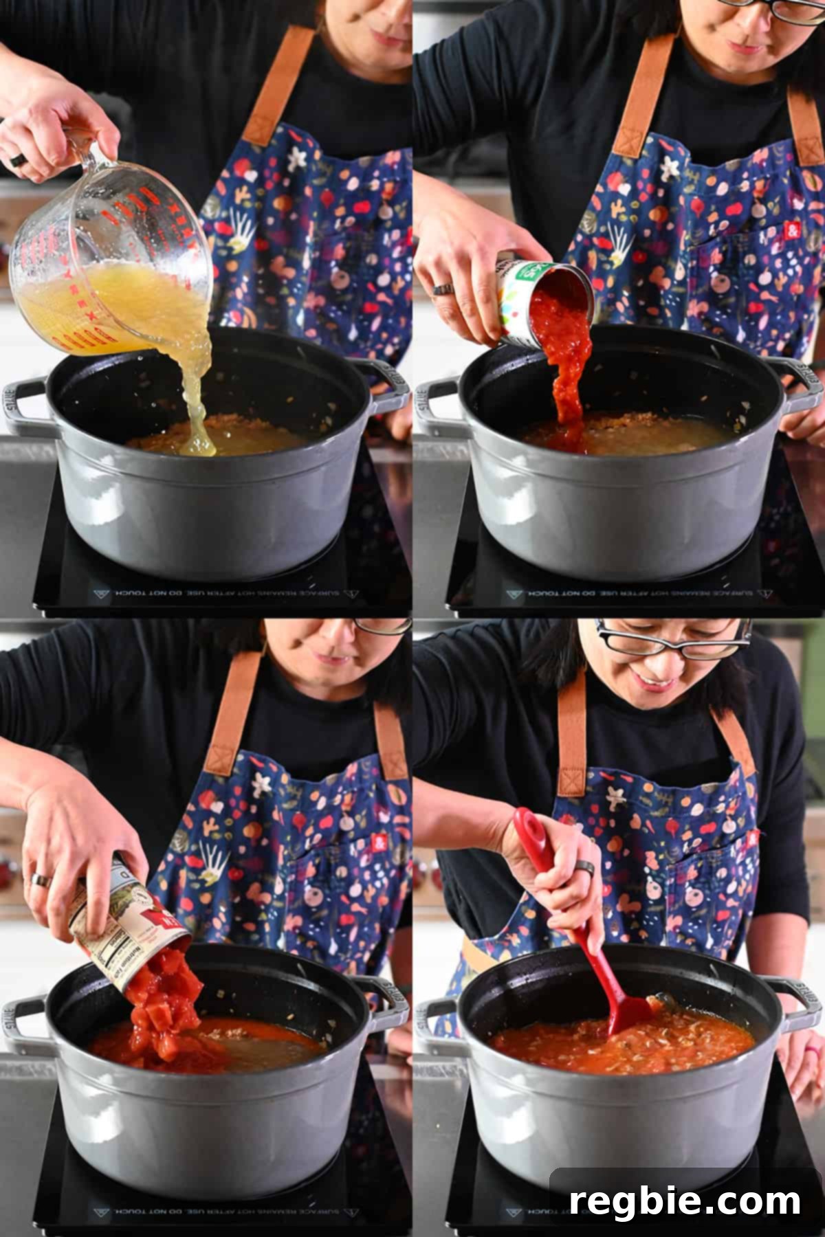 Four sequential photos showing someone adding bone broth, a can of tomato puree, and a can of diced tomatoes into a pot of seasoned ground beef. The last shot is someone stirring it all together.