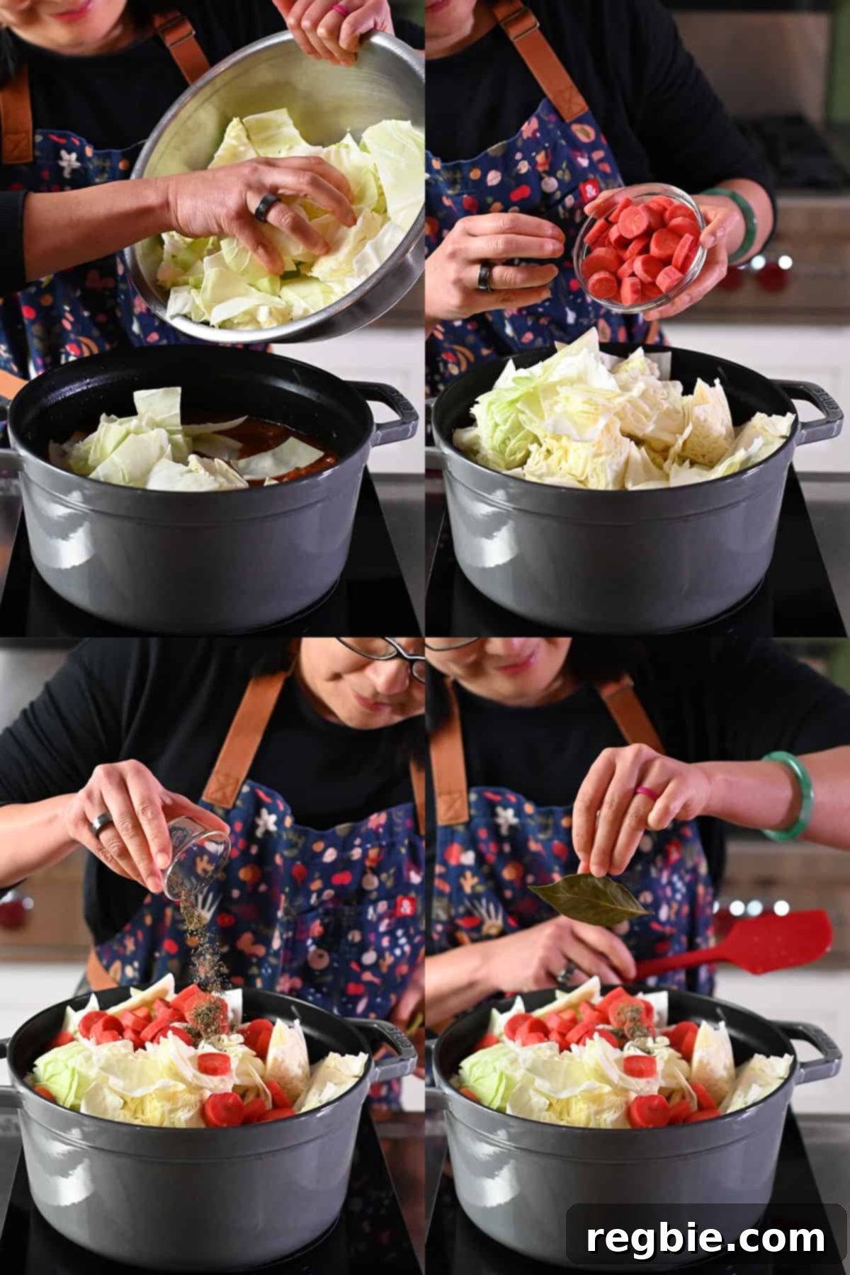 Four sequential shots that show someone adding chopped cabbage, chopped carrot rounds, dried thyme, and a bay leaf into a large pot to make cabbage roll soup.