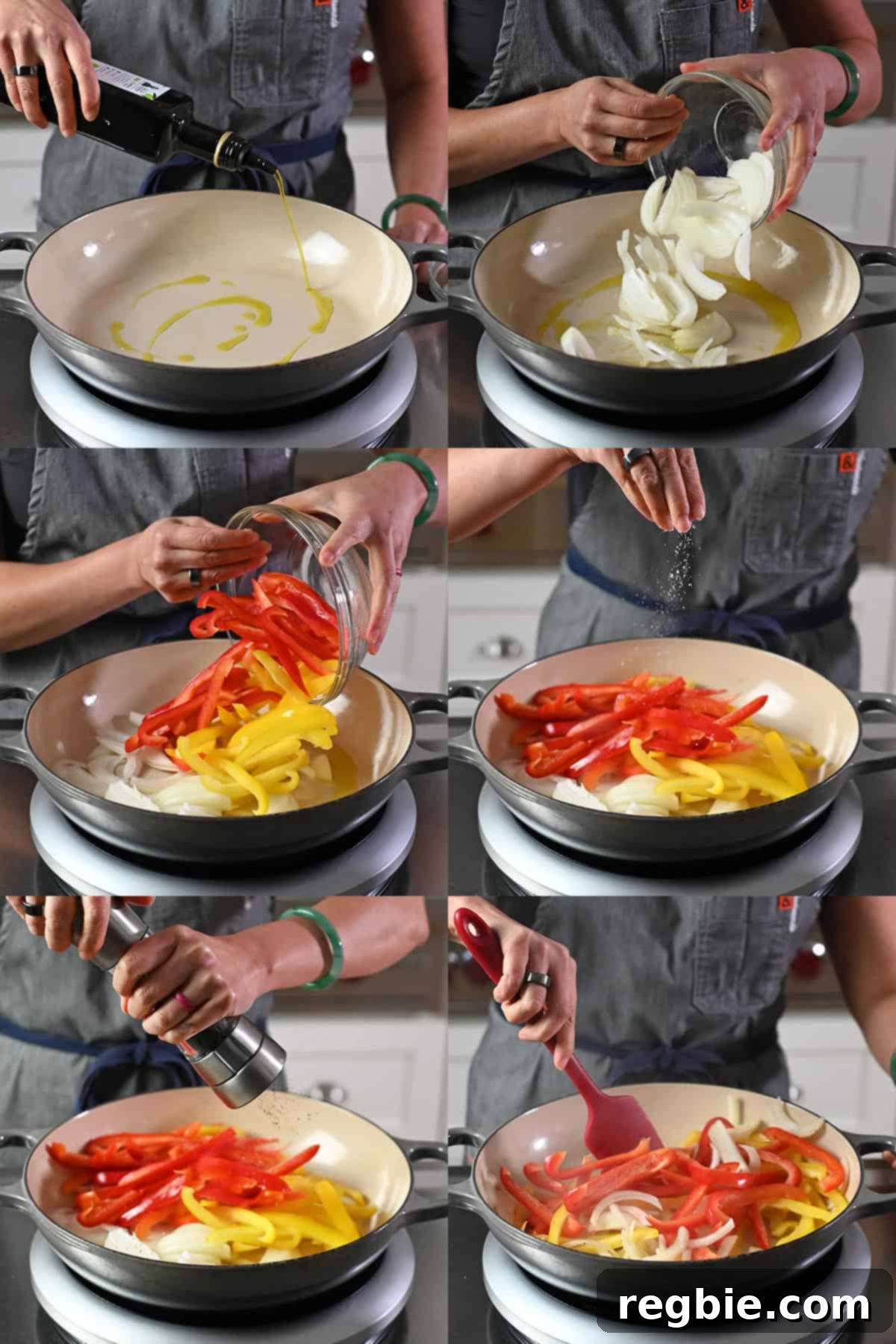 A dynamic sequence of six shots demonstrating the process of adding olive oil to a hot pan, followed by sliced bell peppers, onions, salt, and pepper, showcasing the beginning of the fajita vegetable preparation.