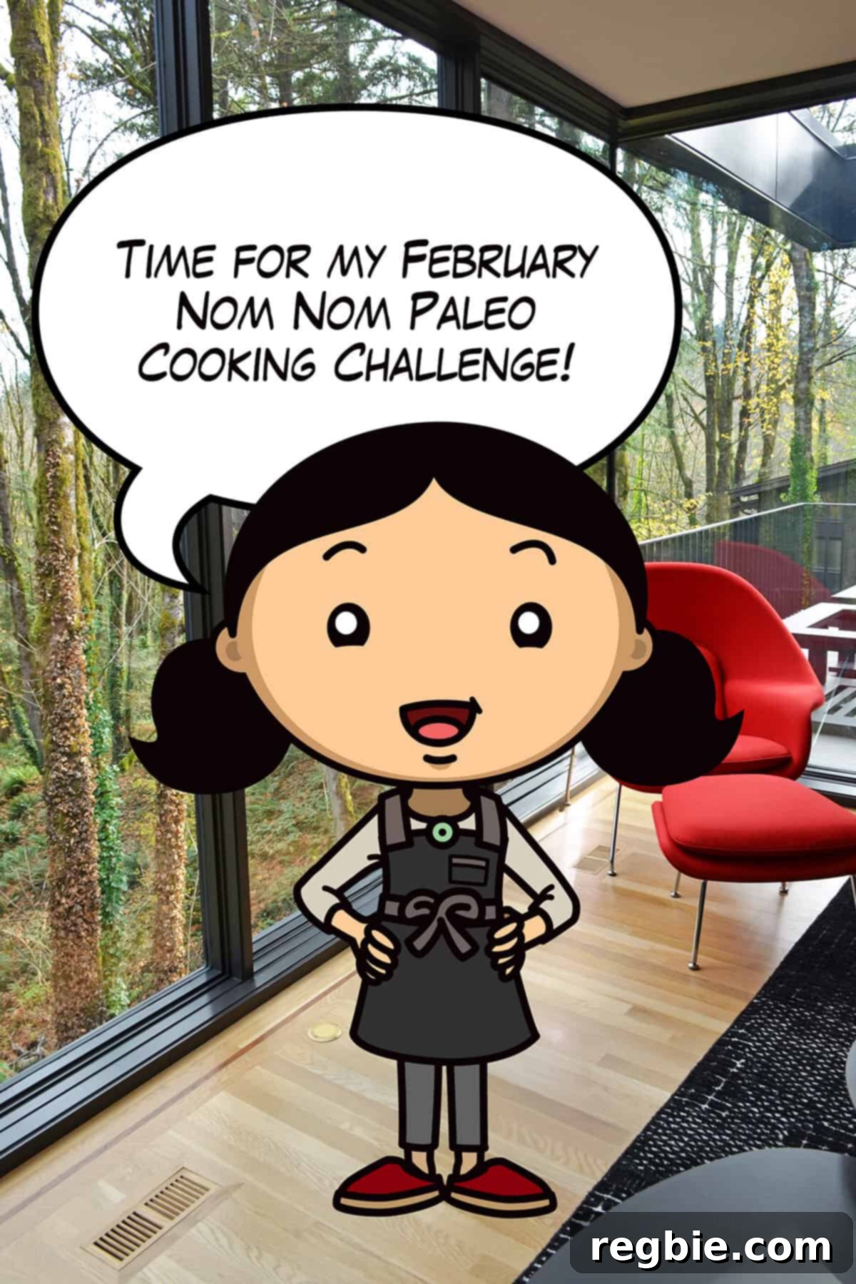 A vibrant cartoon illustration of Michelle Tam, the beloved founder of Nom Nom Paleo, standing confidently and cheerfully in front of a bright window. A speech bubble emanates from her, enthusiastically declaring, "Time for my February 2024 cooking challenge!" This inviting visual sets a warm and encouraging tone for all participants ready to embark on their culinary journey.