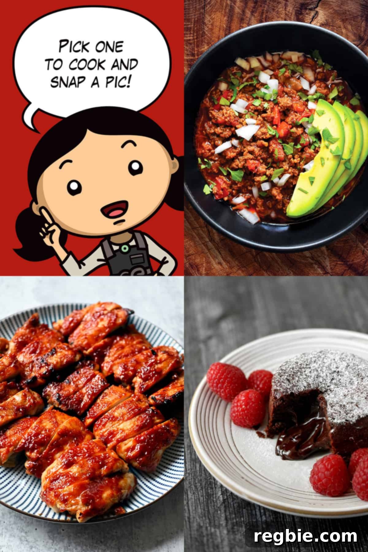 A beautifully composed collage featuring four compelling images: a joyful cartoon illustration of Michelle Tam actively encouraging participants with a speech bubble saying, "pick one to cook and snap a pic!"; a steaming, inviting bowl of hearty chili; a perfectly presented paleo chocolate lava cake with its irresistible molten center; and a platter of deliciously glazed Char Siu chicken. This engaging visual collage serves as both an inspiration and a clear guide, highlighting the tempting recipe options and the crucial photo submission step for all challenge participants.