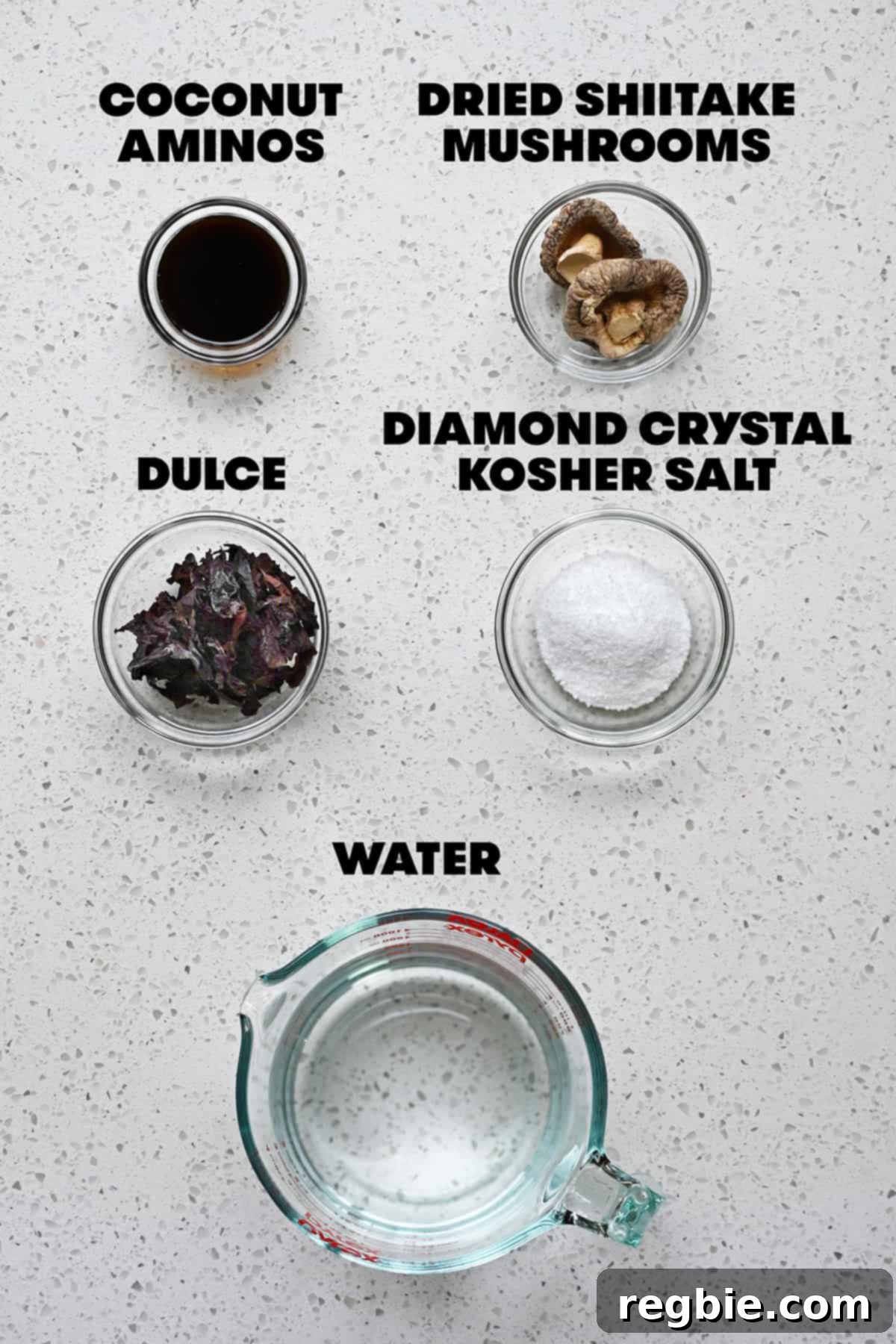 Oceanic Savory Drip 4 An overhead shot of the five raw ingredients needed to make a homemade vegan fish sauce.