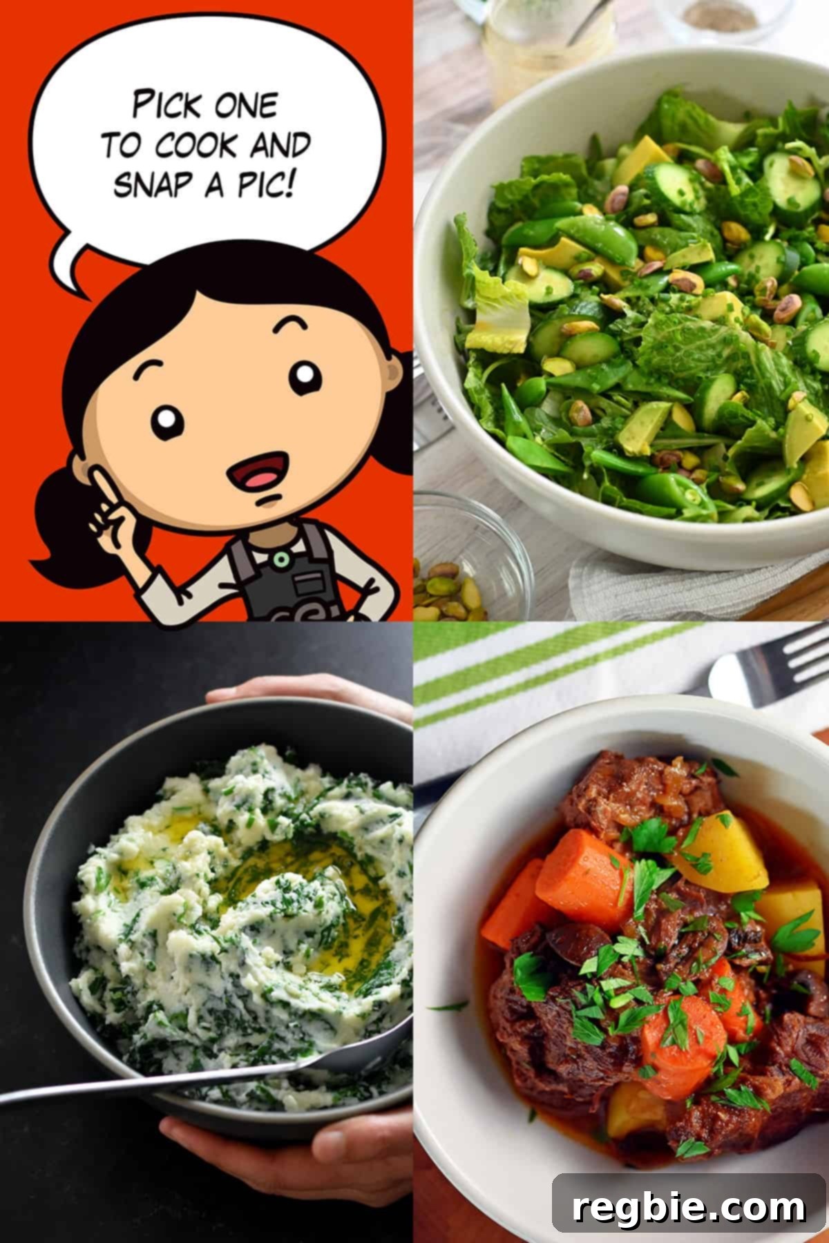 A charming cartoon illustration of Michelle Tam from Nom Nom Paleo, playfully gesturing towards three delicious paleo dishes: a fresh Asian Chopped Salad, a comforting Cauliflower Colcannon, and a hearty Instant Pot Beef Stew. She encourages participants to choose one recipe and capture their finished dish with a photo for the cooking challenge.