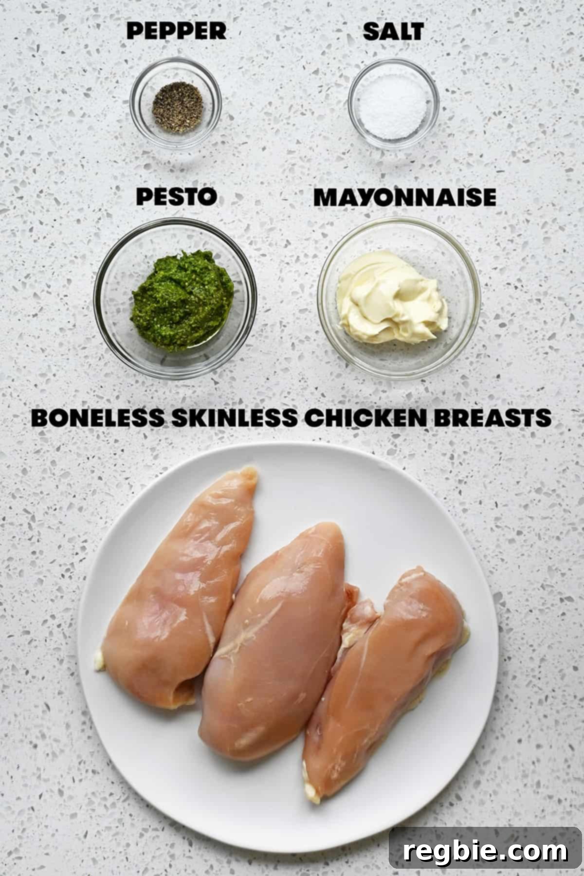 Savory Pesto Chicken 5 An overhead shot of the raw ingredients to make pesto chicken.