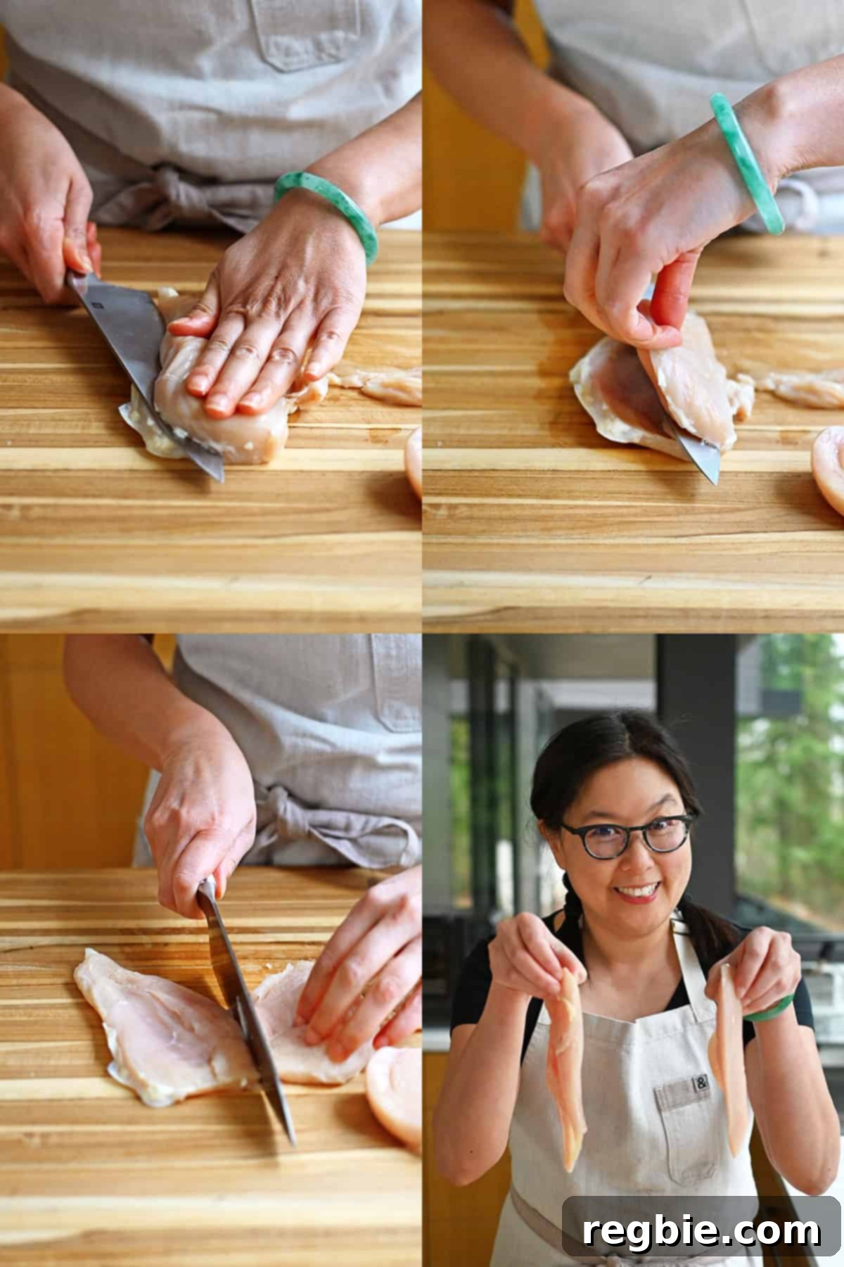 Savory Pesto Chicken 6 Four step-by-step shots that show someone cutting a boneless skinless chicken breast in half lengthwise to make to thin cutlets.