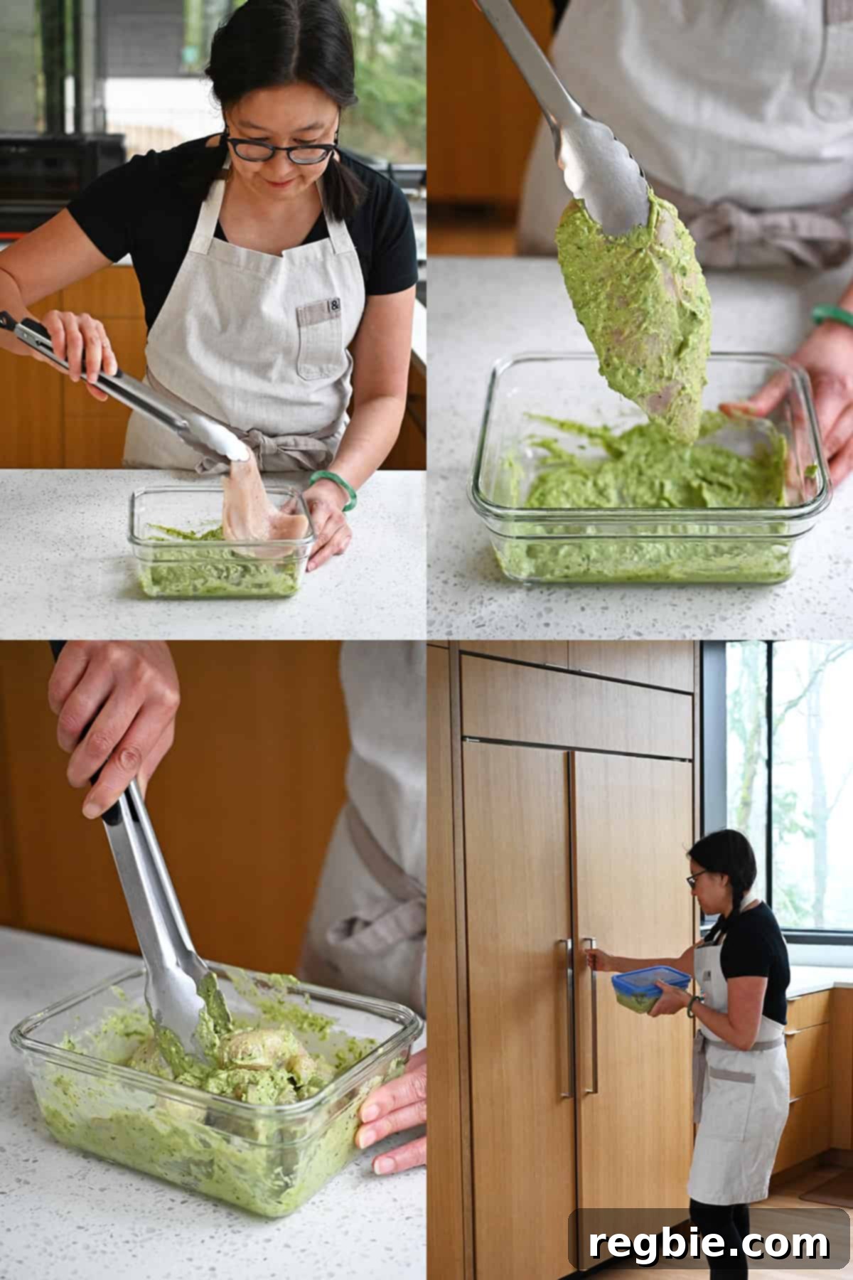 Savory Pesto Chicken 10 Four sequential shots that show an Asian woman adding chicken cutlets to a glass storage container filled with pesto and mayonnaise sauce and then covering it and placing it in the refrigerator.