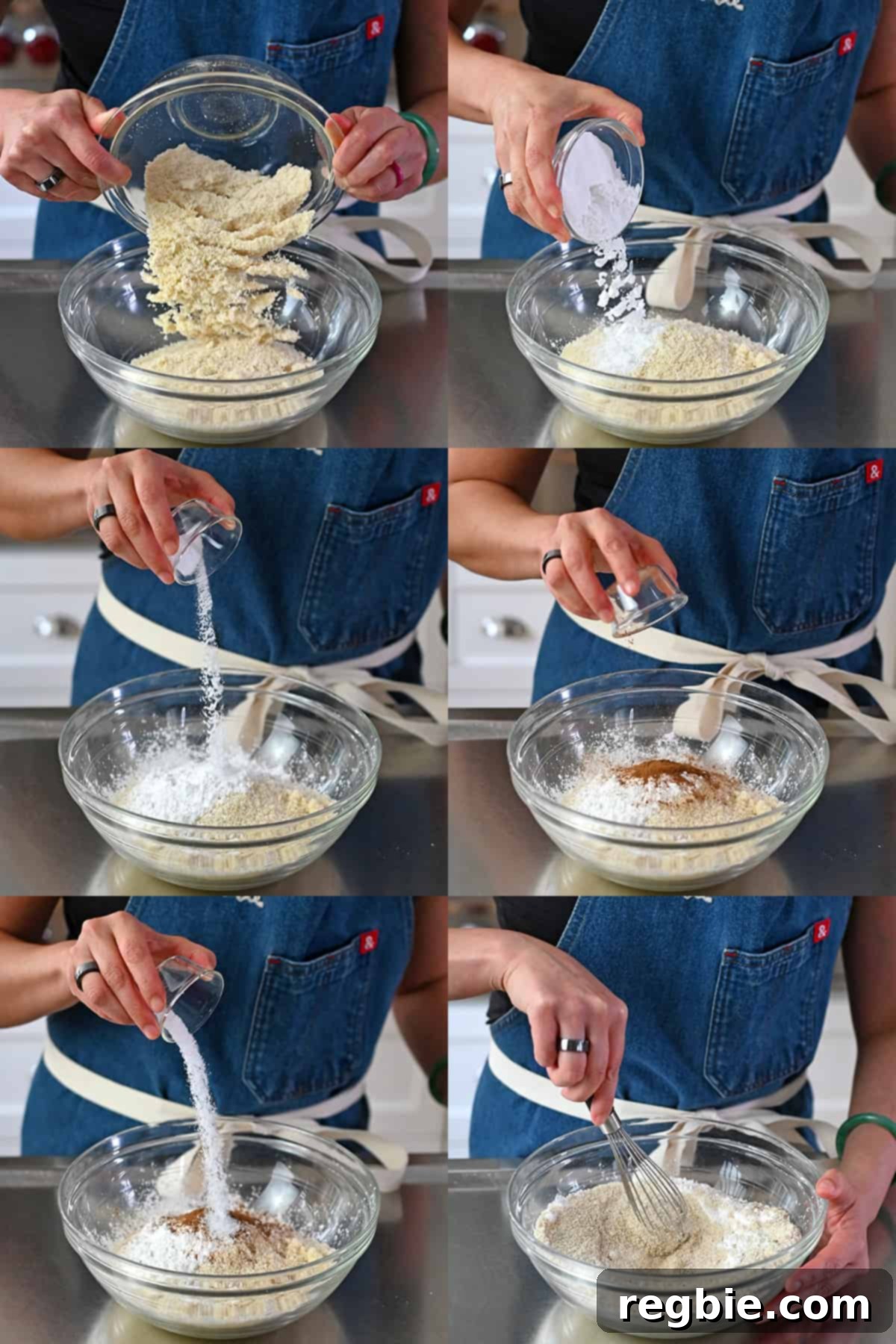 Six sequential photos that show someone combining the dry ingredients (almond flour, tapioca flour, baking soda, cinnamon, salt) to make paleo banana cookies in a glass bowl.