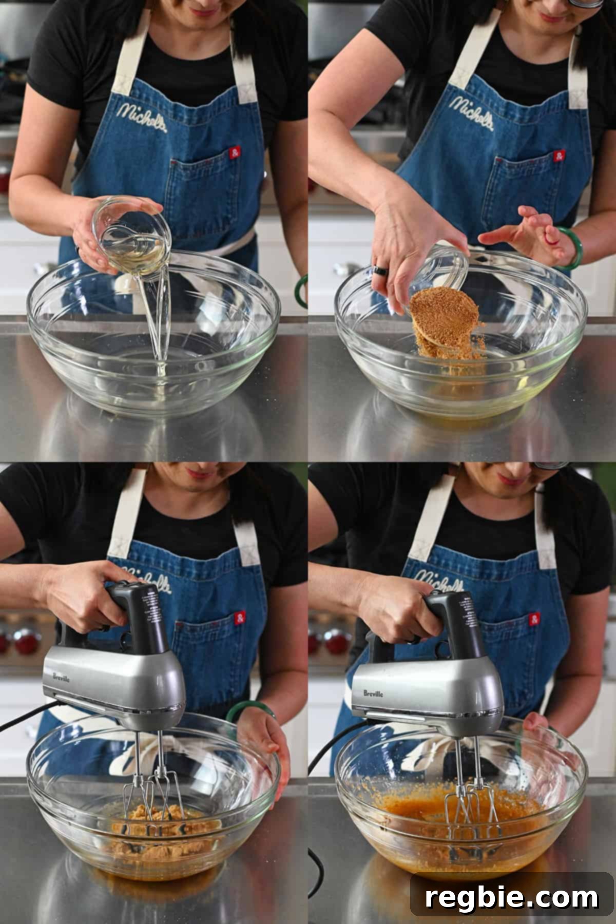 Four sequential photos that show someone combining melted refined coconut oil and coconut sugar in a glass bowl and mixing it together with an electric hand mixer until light and fluffy.