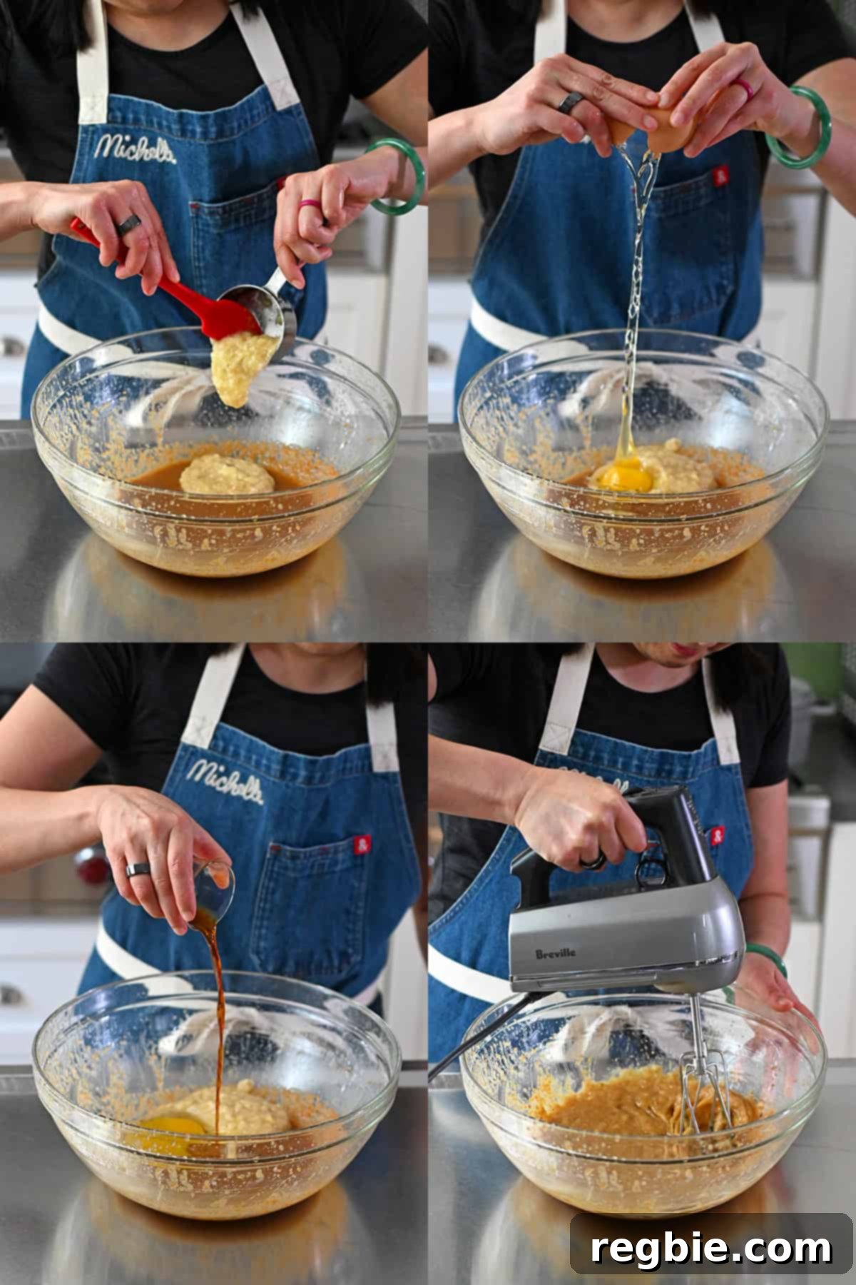 Four sequential photos that show someone adding mashed banana, a raw egg, and vanilla extract to a bowl of paleo banana cookies batter and mixing it all together with an electric hand mixer.