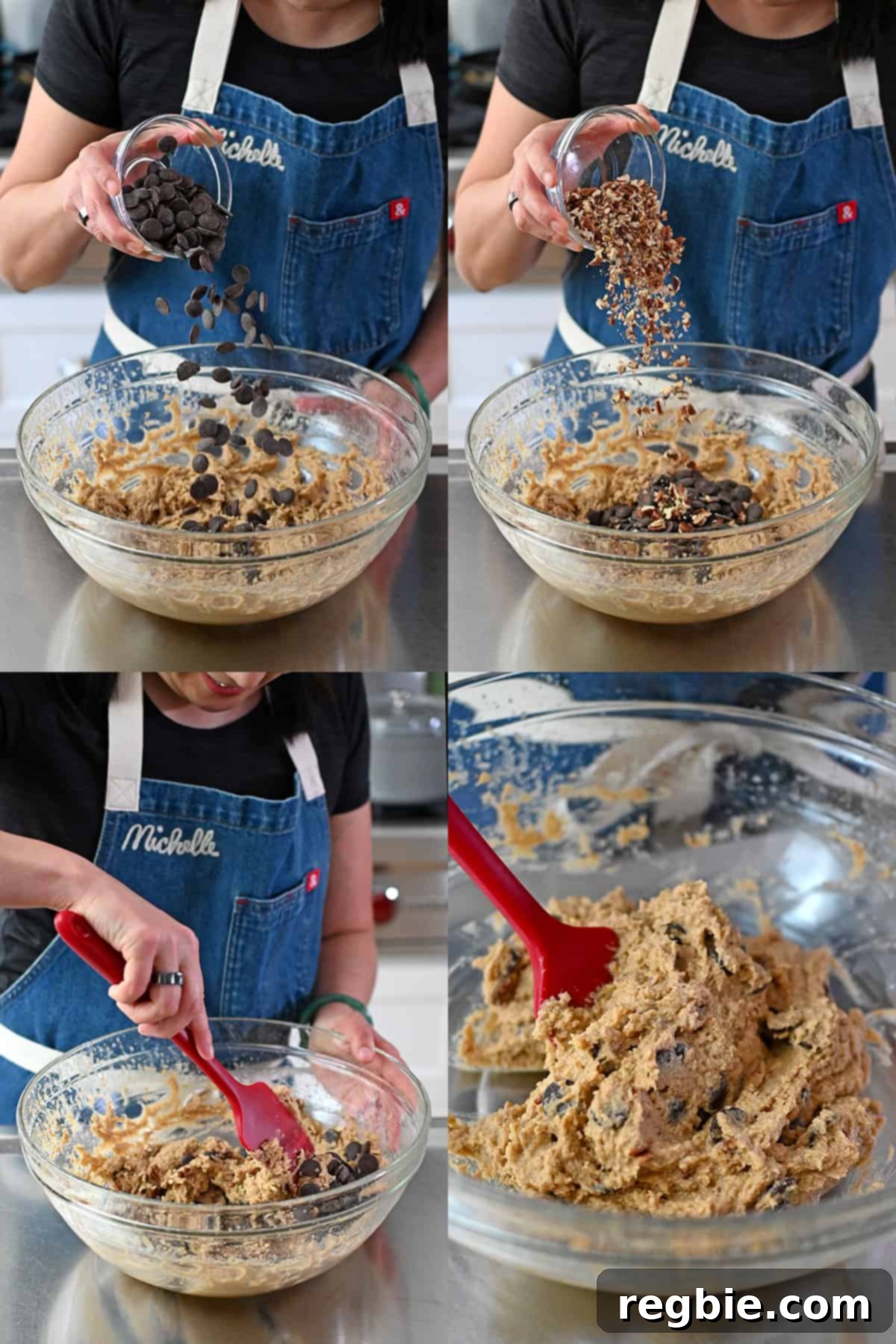Four sequential photos that show someone adding chocolate chips and chopped nuts to a bowl filled with banana cookies batter and mixing it in with a red silicone spatula.